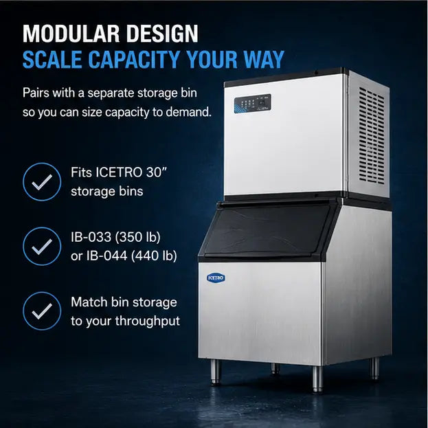 A modular commercial ice machine with a stainless steel body and black top tray, shown on a dark blue promotional background with marketing text about scale capacity and bin compatibility.