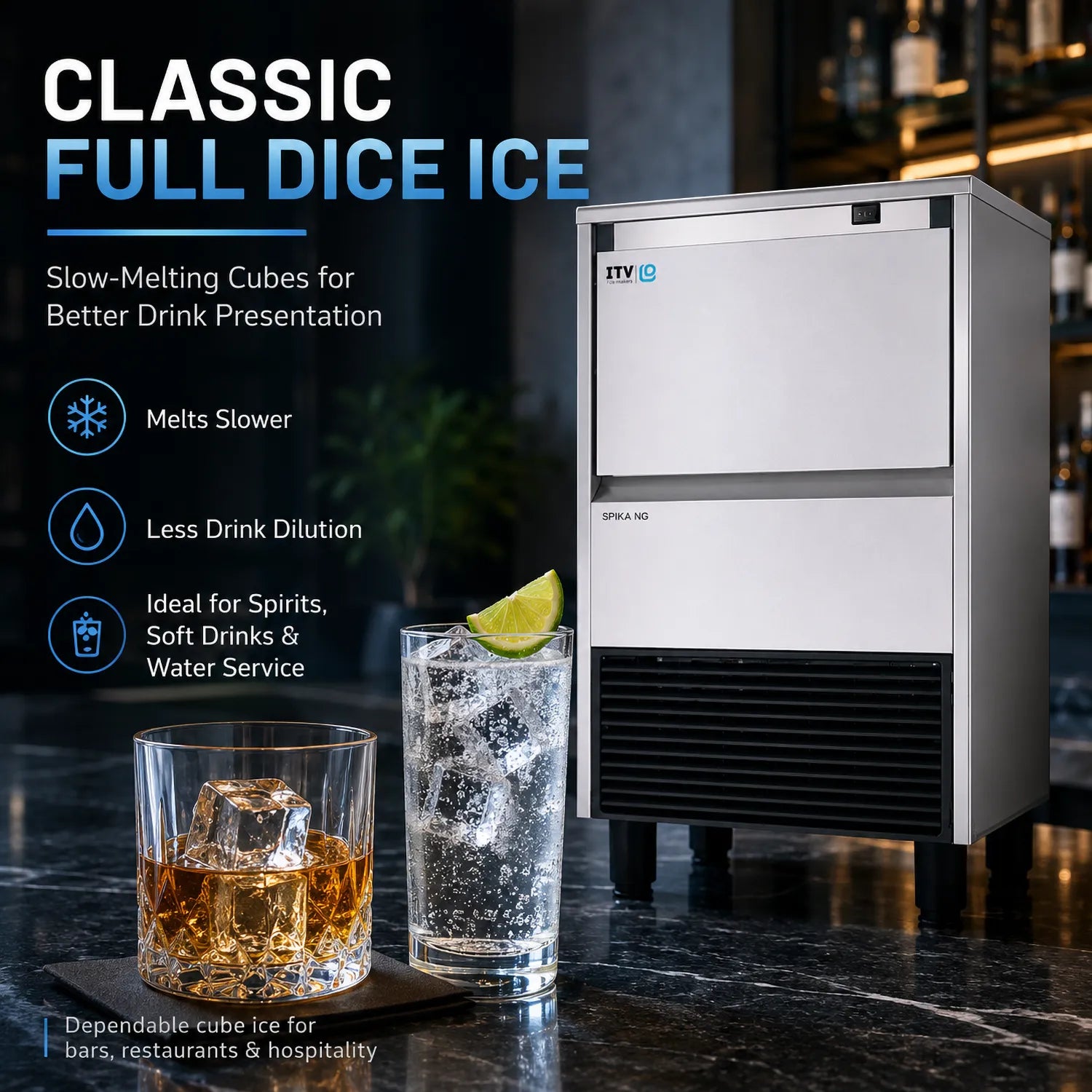 A countertop full-size ice machine shown on a dark bar counter next to two glasses of ice, with promotional text reading 'CLASSIC FULL DICE ICE' and feature callouts. The machine is silver and black, and the setting is a bar environment.