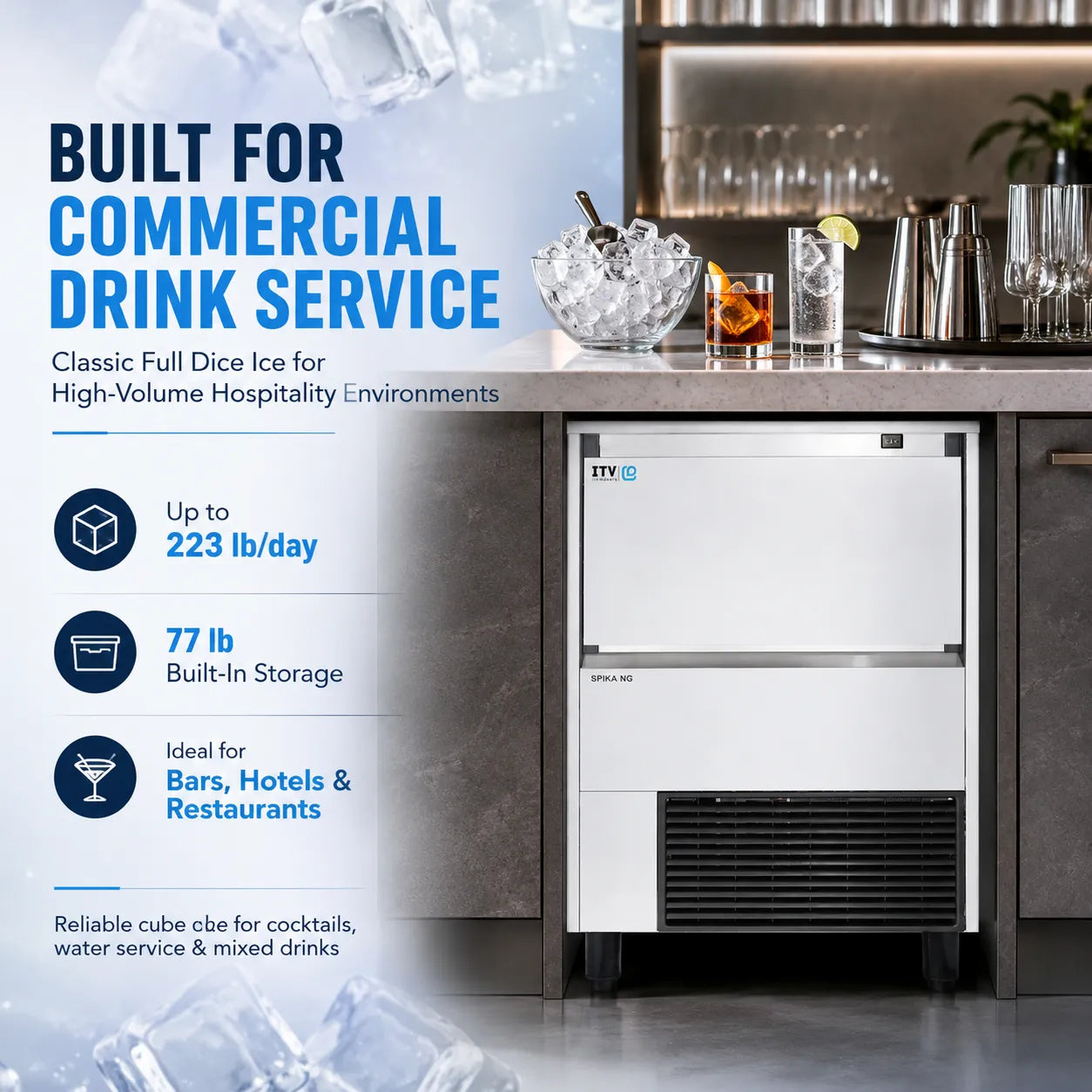 ITV SPIKA NG 230 A1F undercounter ice machine for commercial drink service with full dice ice and 77 lb built-in storage