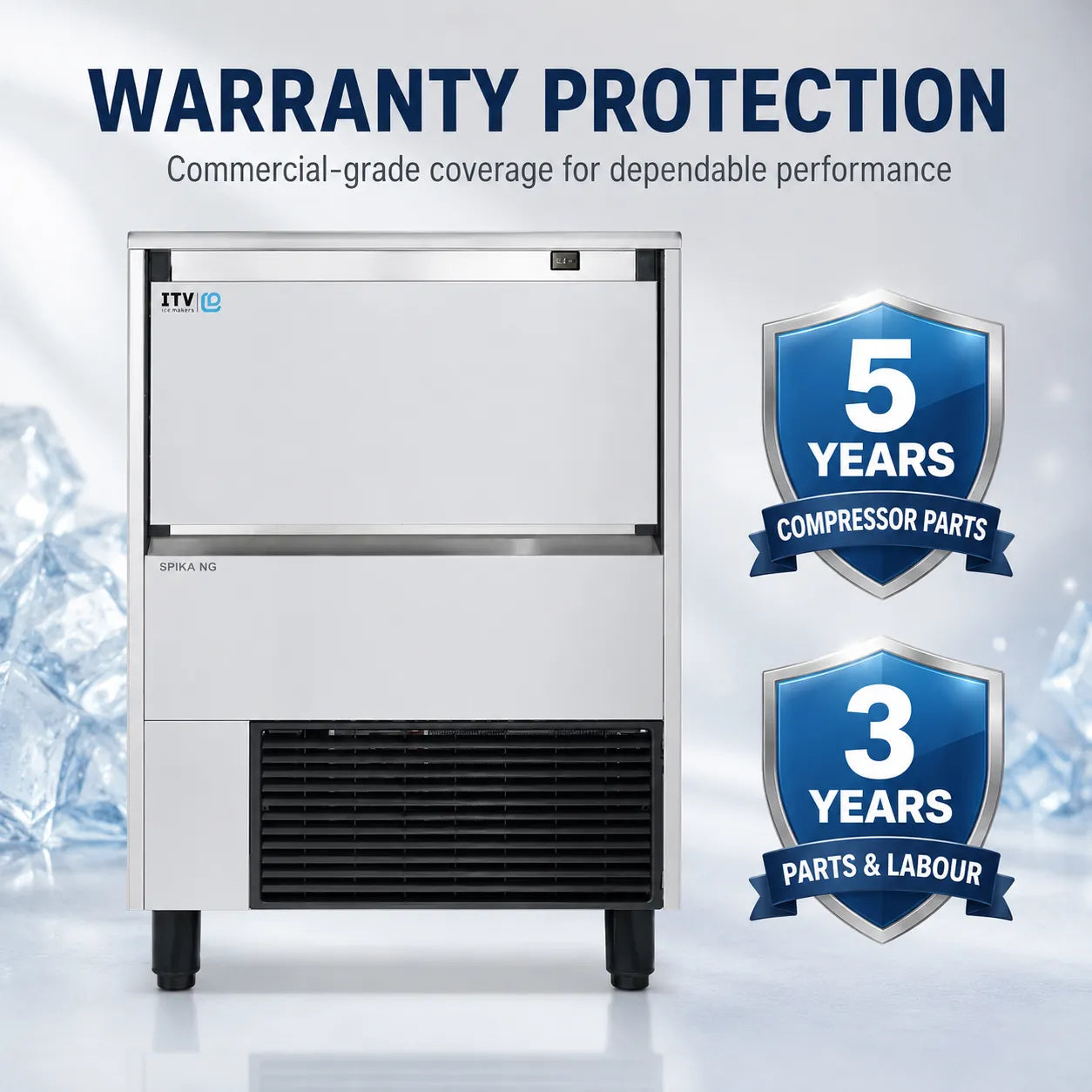 ITV SPIKA NG 360 A1F warranty protection graphic showing commercial-grade coverage, 5 years compressor parts, and 3 years parts and labor