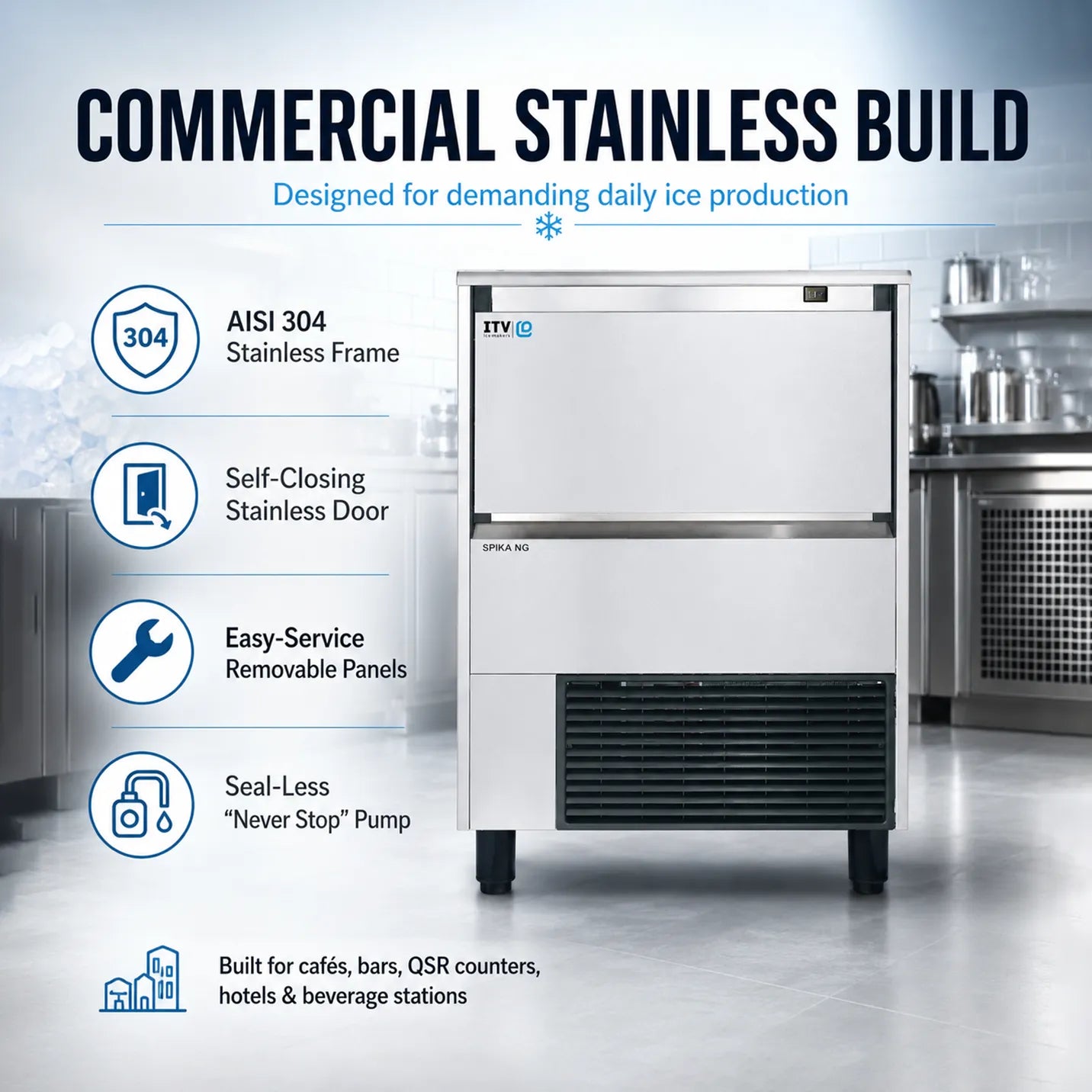 Commercial stainless ice machine with features listed on a blue background