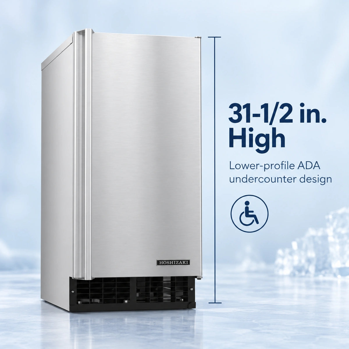A stainless steel undercounter ice maker refrigerator with a black base, shown against a light icy background. Text on the right reads '31-1/2 in.