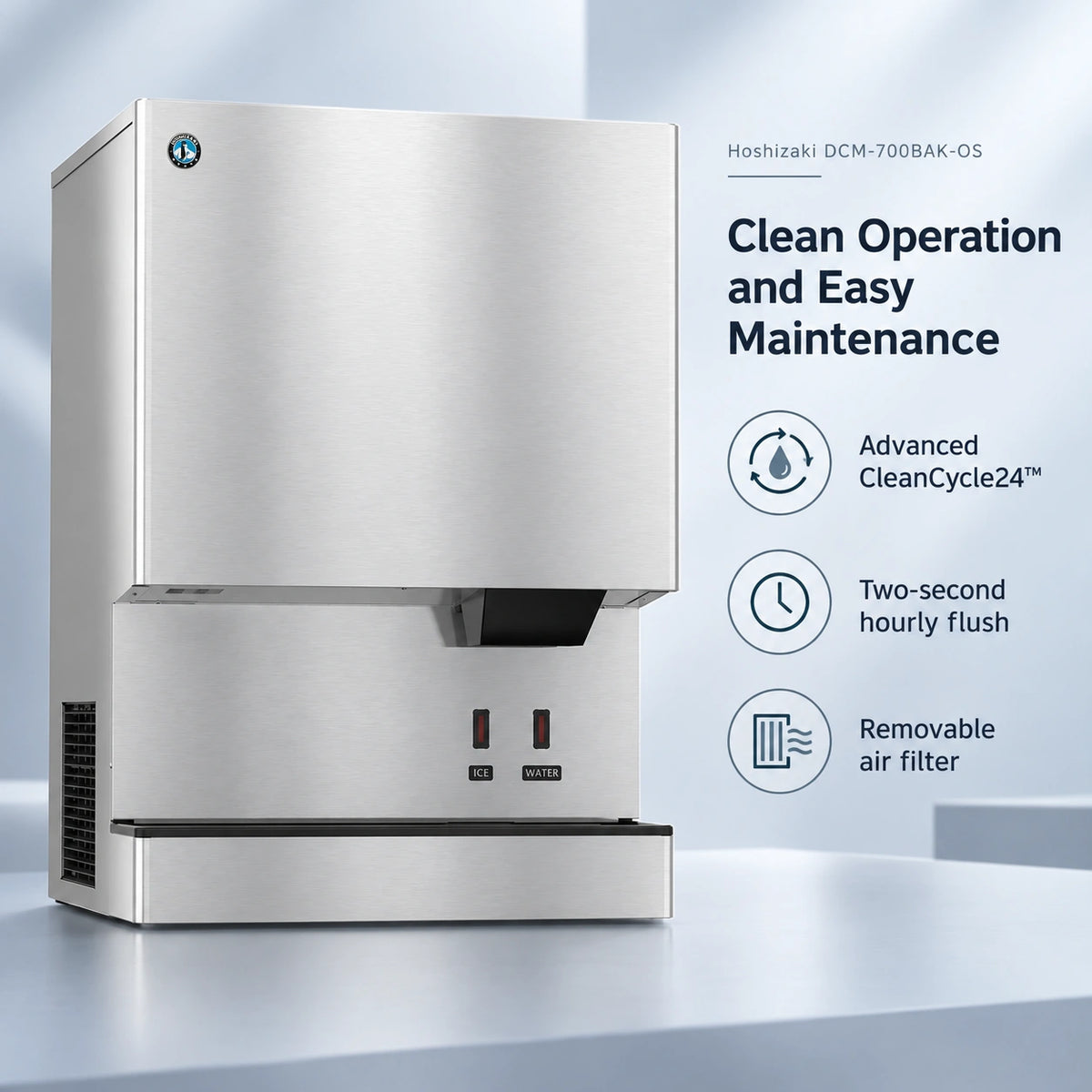 A stainless steel Hoshizaki DCM-700BAK-OS ice machine shown on a clean light gray studio background with marketing text and feature icons on the right side.