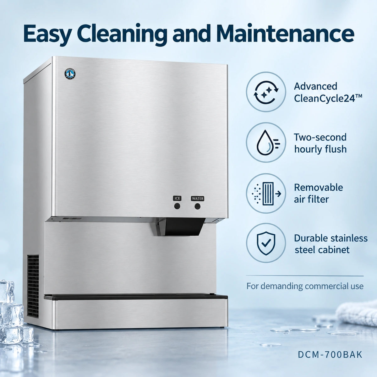A stainless steel commercial ice machine on a light blue studio background with marketing text and icons about easy cleaning and maintenance. The product is shown front-facing with no people or real environment.