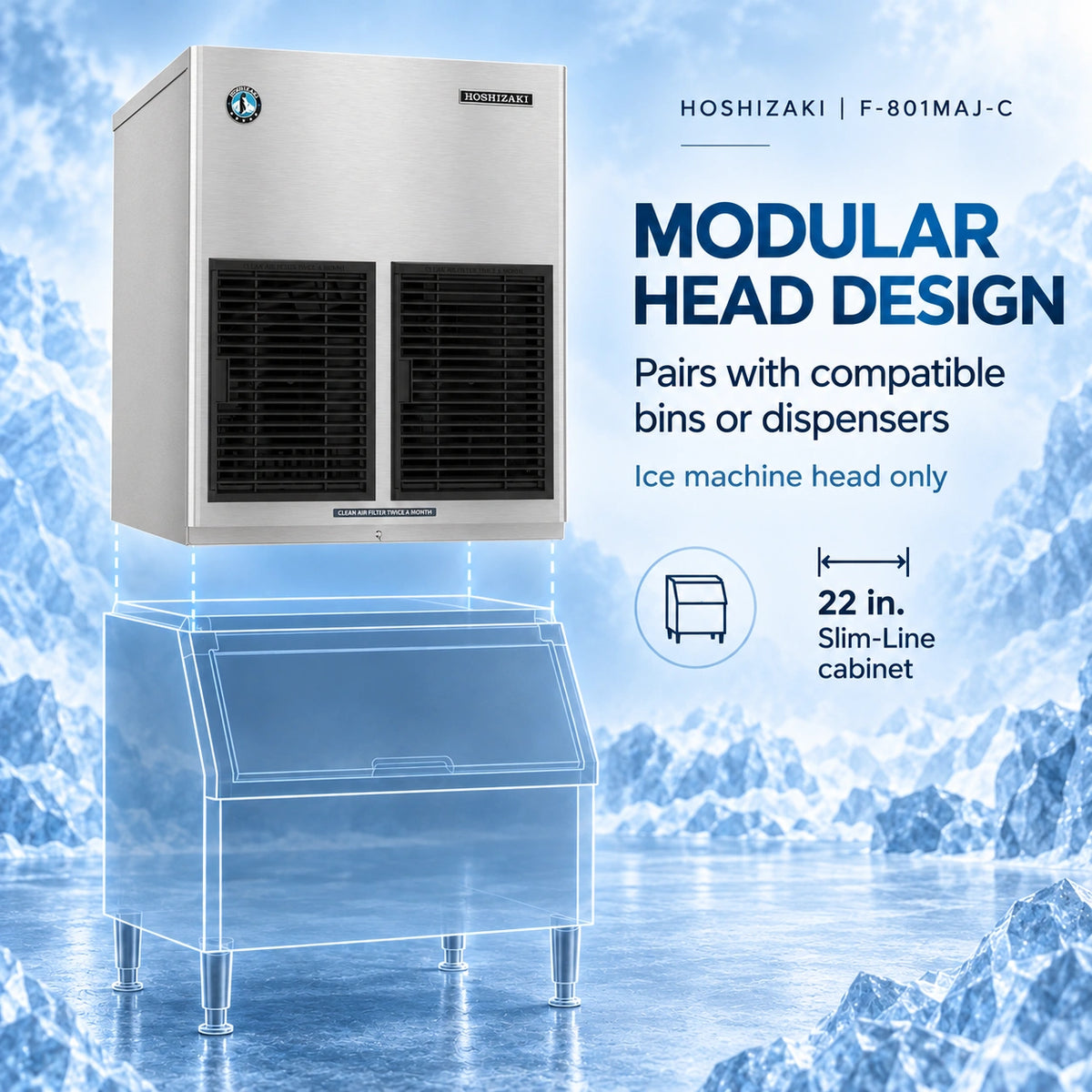 A Hoshizaki modular head design ice machine cabinet shown with a transparent blue wireframe display of the compatible slim-line bin underneath, set against an icy blue graphic background with product feature text.