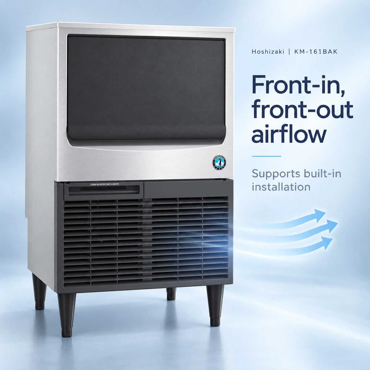 A Hoshizaki commercial ice machine in stainless steel and black, shown on a light blue studio background with marketing text reading 'Front-in, front-out airflow' and 'Supports built-in installation.'.
