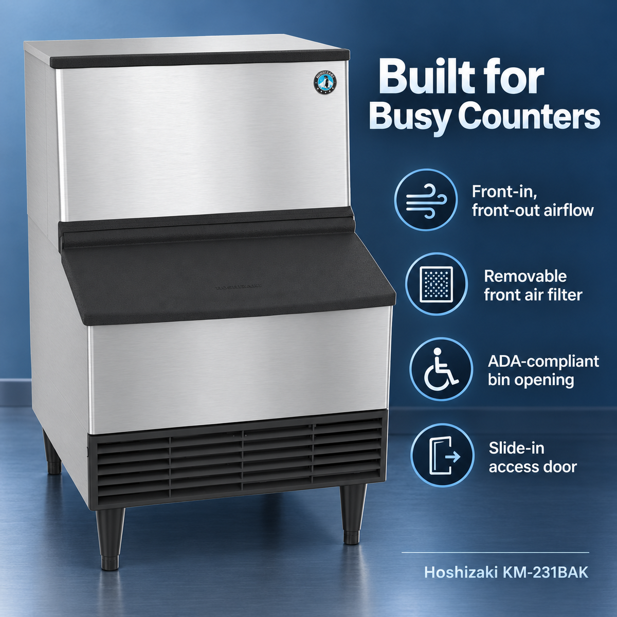 A stainless steel and black Hoshizaki commercial ice machine shown on a blue studio background with marketing text and feature icons on the right.