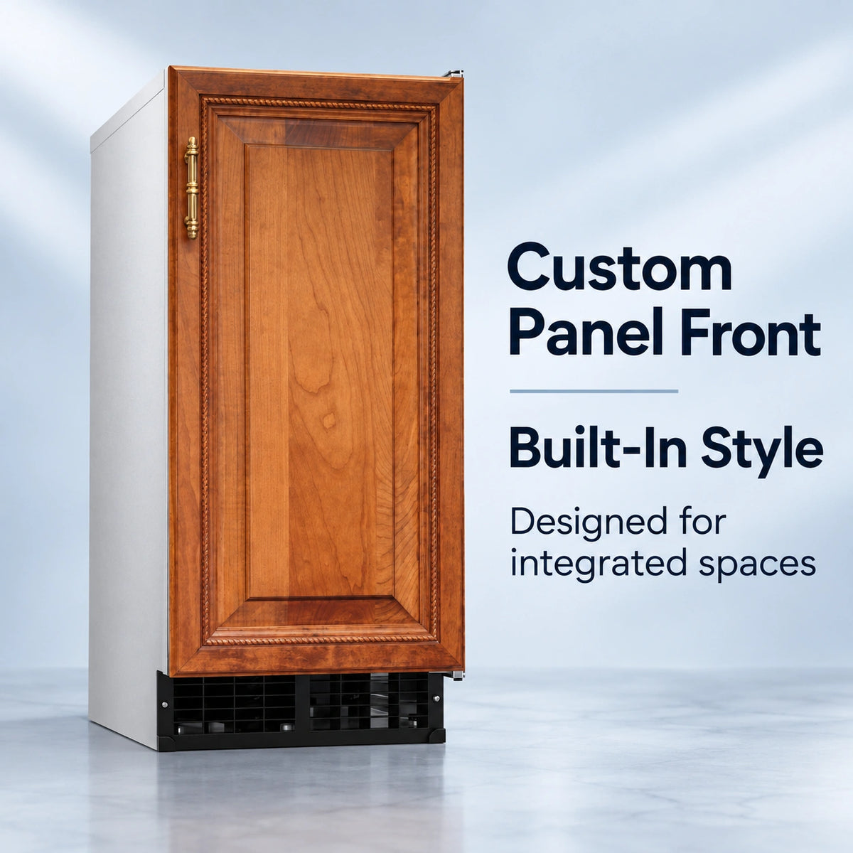 A built-in style refrigerator shown from the front with a wood-look cabinet door, white side panels, and a black vented base. Text on the right reads 'Custom Panel Front', 'Built-In Style', and 'Designed for integrated spaces' on a light blue studio background.
