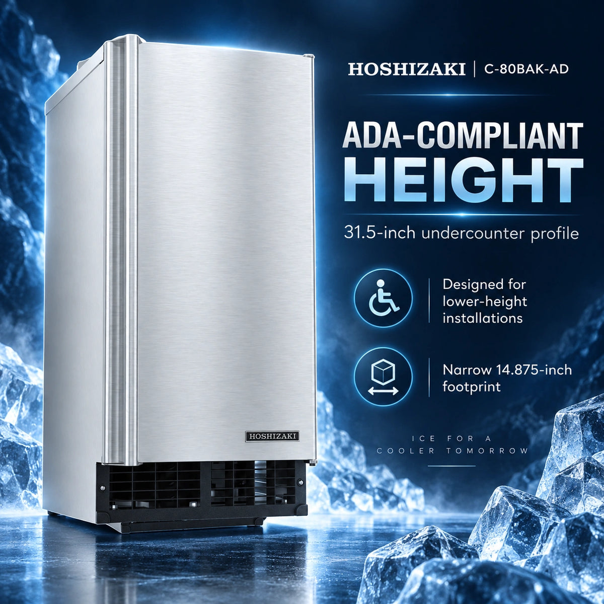 Hoshizaki C-808AK-AD stainless steel undercounter ice machine shown on a blue icy background with text highlighting ADA-compliant height and 31.5-inch profile.