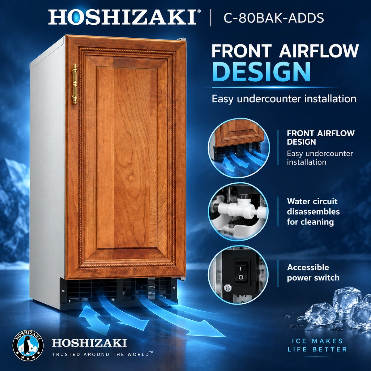 Hoshizaki C-80BAK-ADDs front airflow design undercounter refrigerator shown in a wood-grain cabinet door finish, with blue airflow graphics and feature callouts on a dark blue background.
