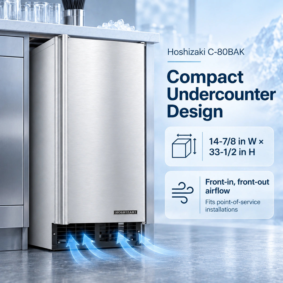 Hoshizaki C-80BAK compact undercounter stainless steel refrigerator shown installed under a counter in a kitchen-like setting, with text callouts describing its dimensions and airflow features.