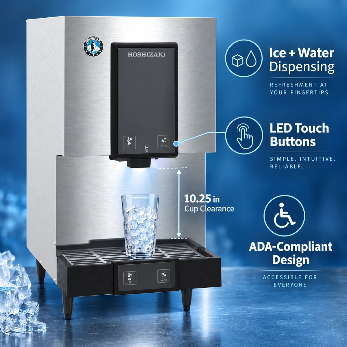 A Hoshizaki stainless steel and black ice and water dispenser with a glass of ice on the drip tray, set against a blue background with feature callouts including LED touch buttons, ice water dispensing, 10.25 in cup clearance, and ADA-compliant design.