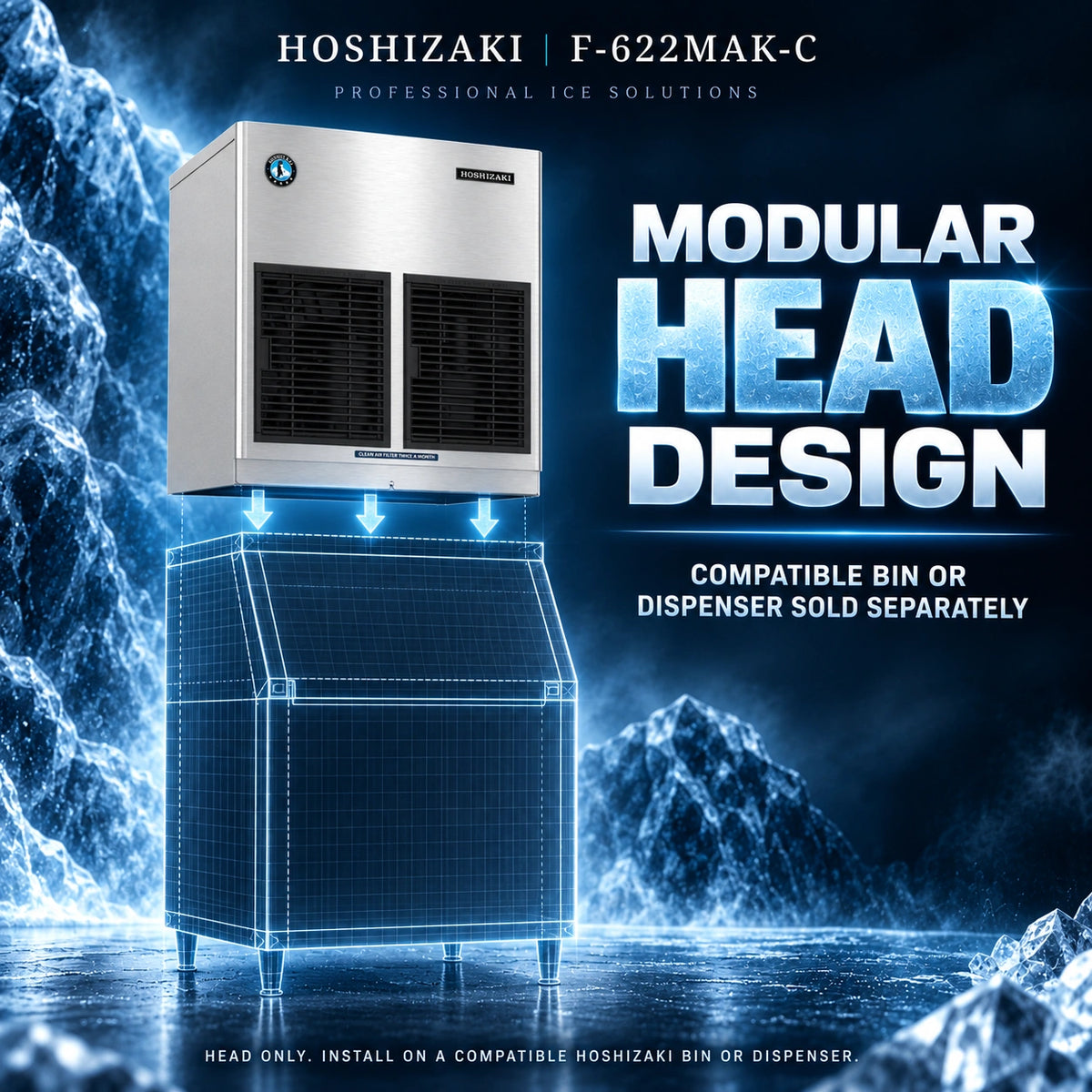 Hoshizaki F-622MAK-C modular head design commercial ice machine shown with promotional text over a blue icy background. The stainless steel machine is displayed above a wireframe bin dispenser, with text stating 'MODULAR HEAD DESIGN' and 'COMPATIBLE BIN OR DISPENSER SOLD SEPARATELY'.