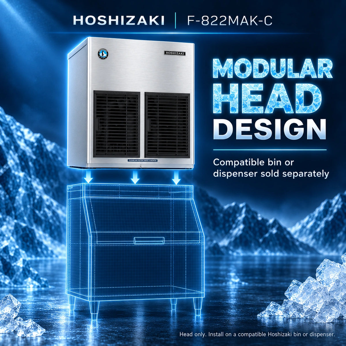 Hoshizaki F-822MAK-C modular head design commercial ice machine advertisement, showing a stainless steel head unit above a blue wireframe compatible bin or dispenser, set against a icy mountain and water background with text overlays.