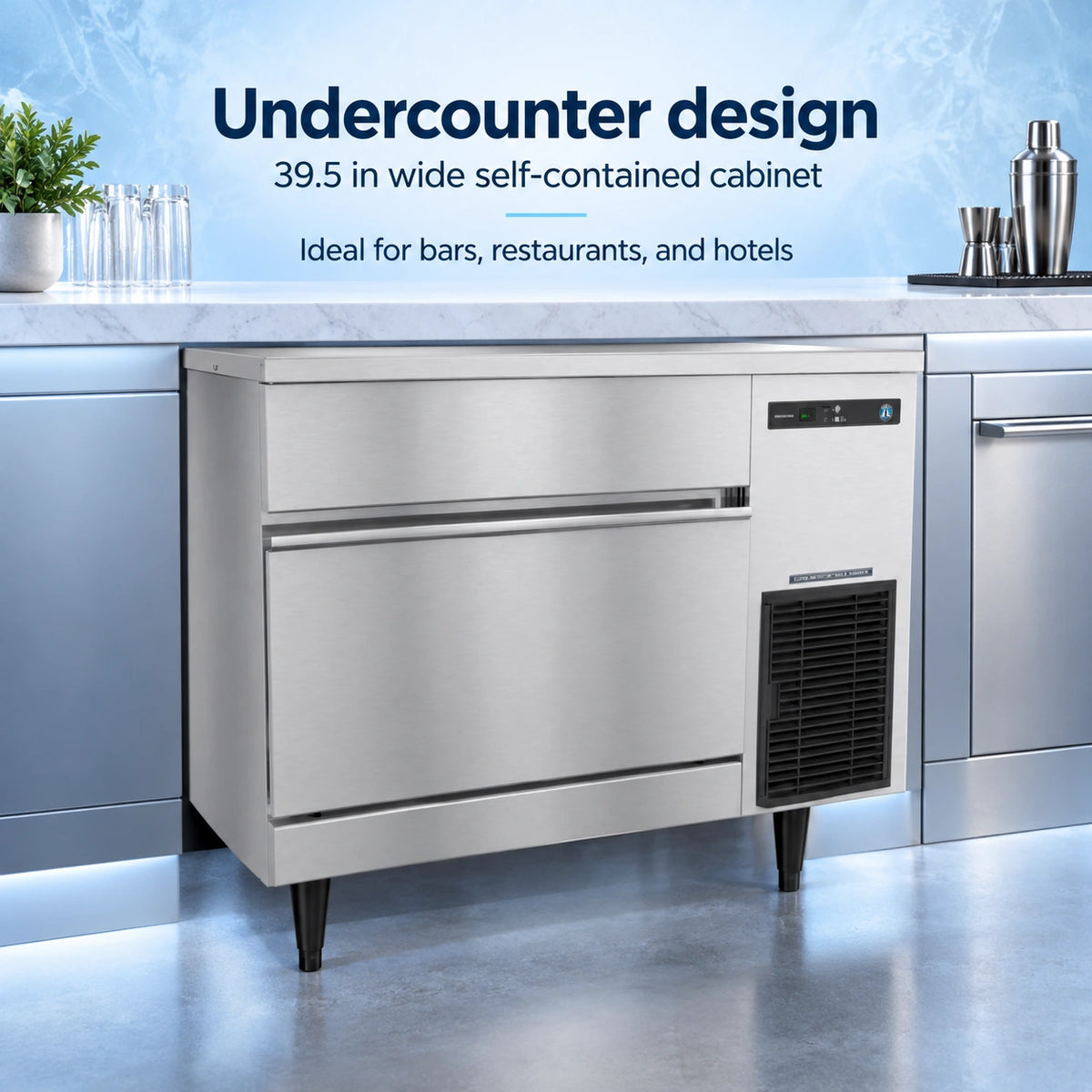 A stainless steel undercounter ice machine shown installed beneath a marble countertop in a modern kitchen/bar setting. Text on the image reads 'Undercounter design 39.