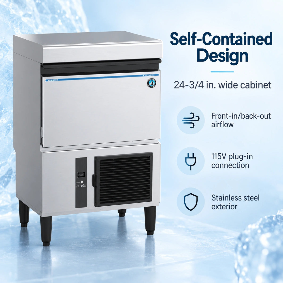 A stainless steel commercial ice machine with black legs and a black front vent, shown on a light icy blue background with marketing text reading 'Self-Contained Design' and feature callouts.