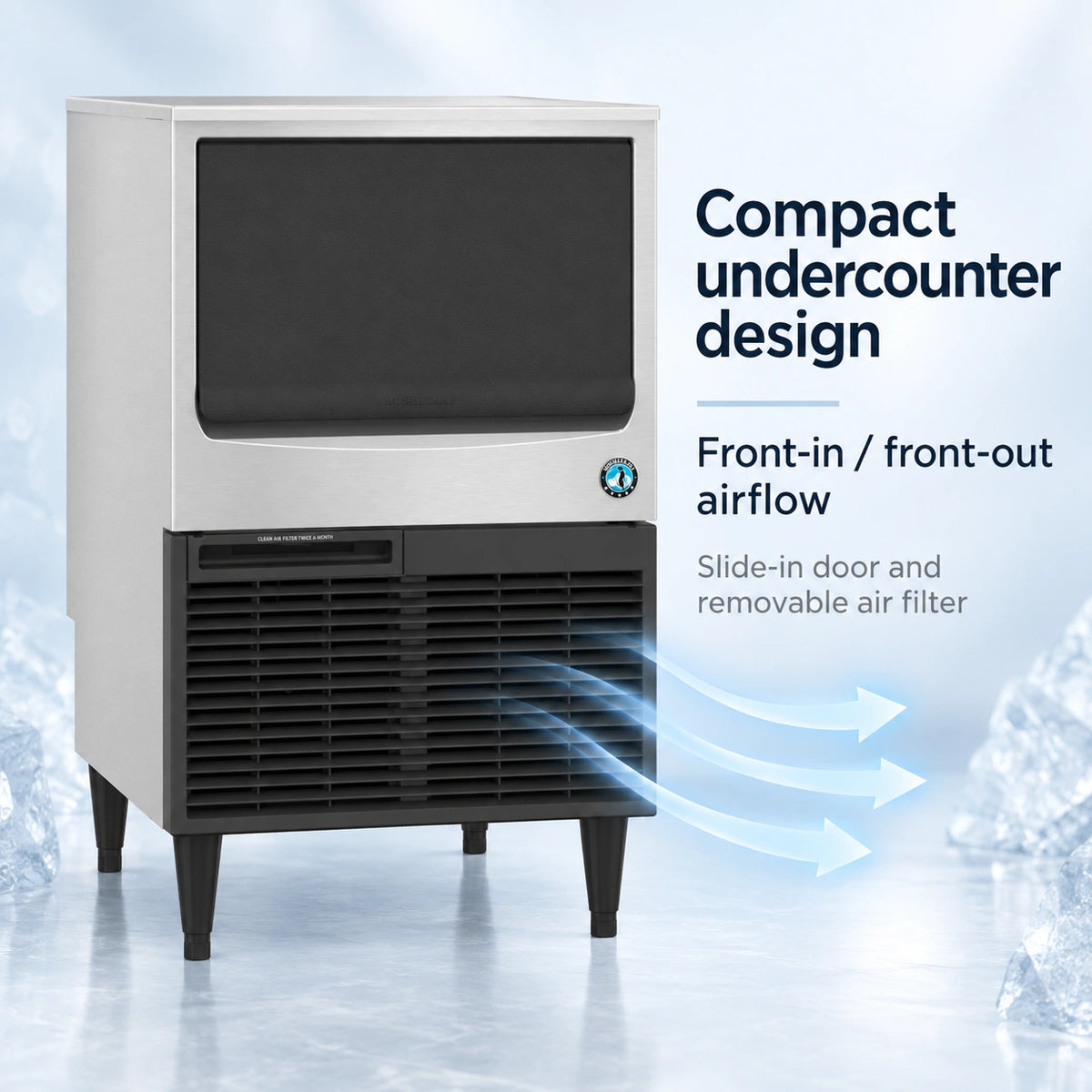 Compact undercounter ice machine with a white exterior, black front grille, and black legs, shown with marketing text and airflow arrows on a light icy background.