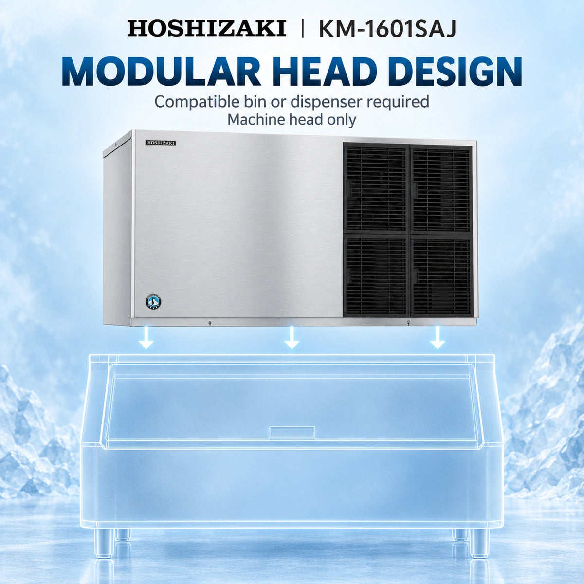 Hoshizaki KM-1601SAJ modular head design ice machine component shown above a transparent display bin, with text reading 'MODULAR HEAD DESIGN' and a blue icy background.