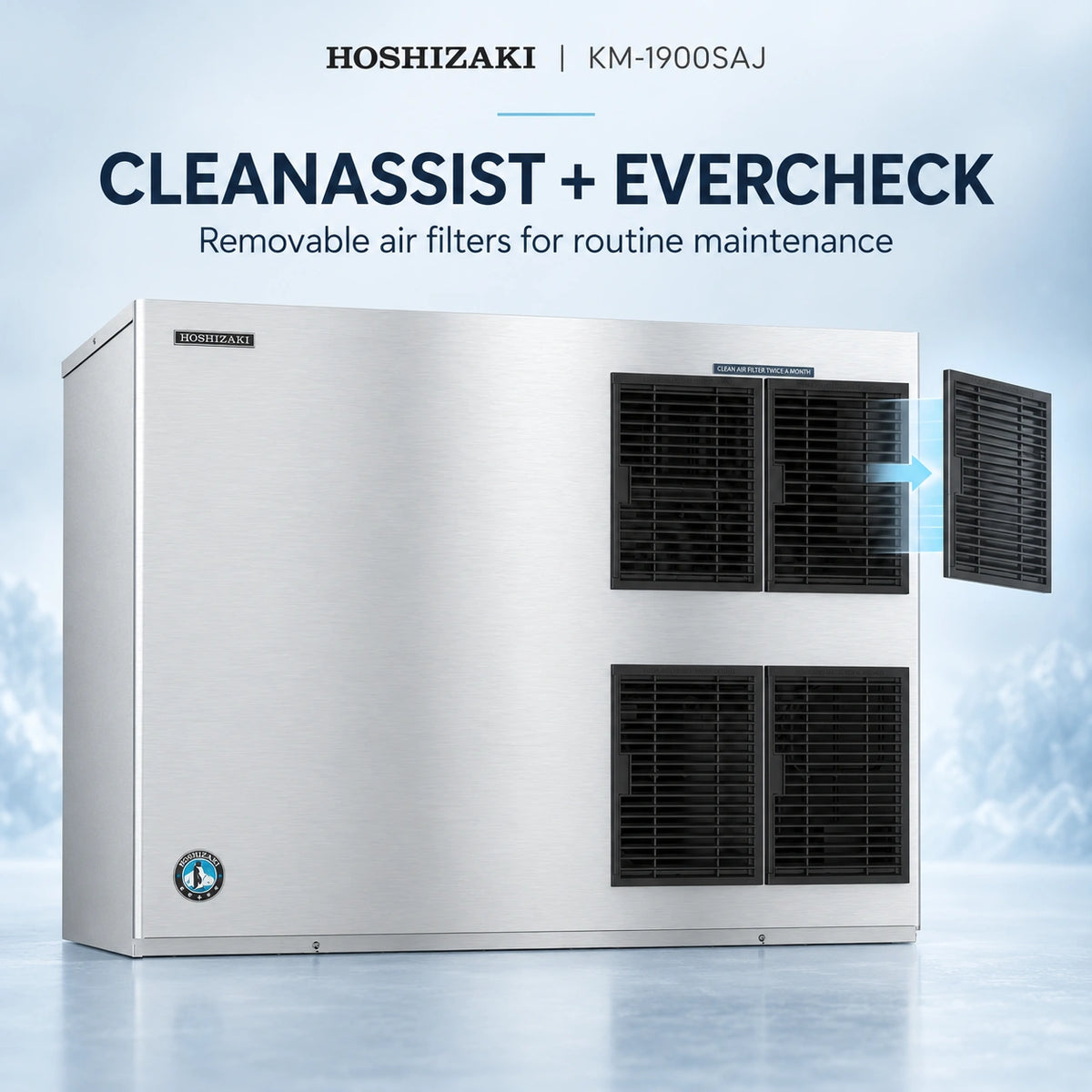 Hoshizaki KM-1900SAJ commercial ice machine in stainless steel with black vent grilles, shown on a light blue background with text reading 'CLEANASSIST + EVERCHECK' and a removed air filter shown beside the unit.