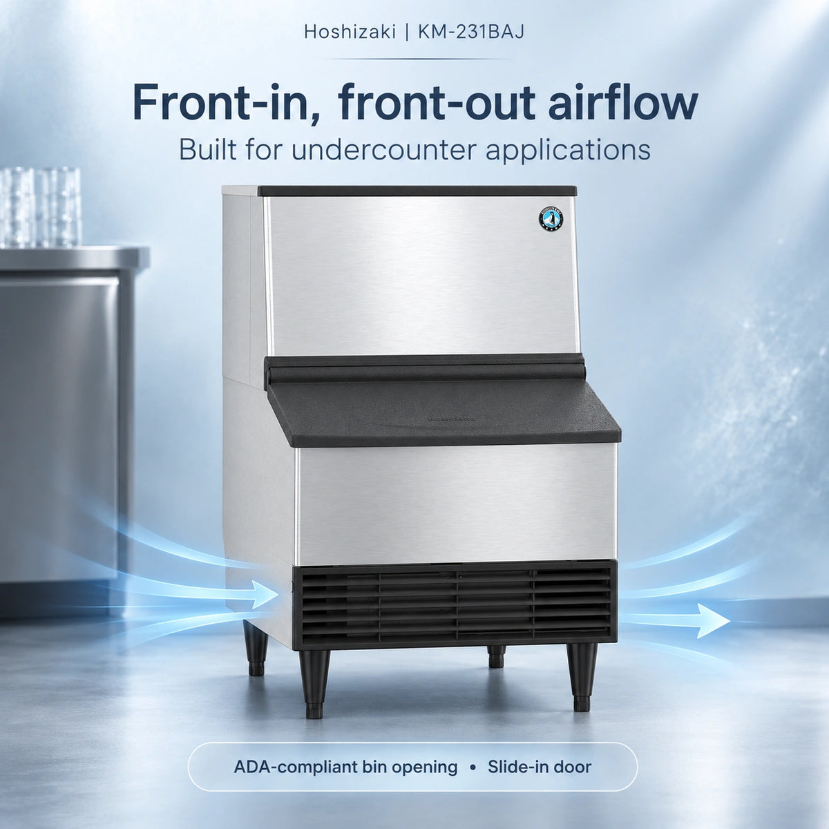 A Hoshizaki undercounter ice machine shown in a clean studio-style promotional render with marketing text. The machine has a stainless steel body, black top and lower vented section, and black legs.