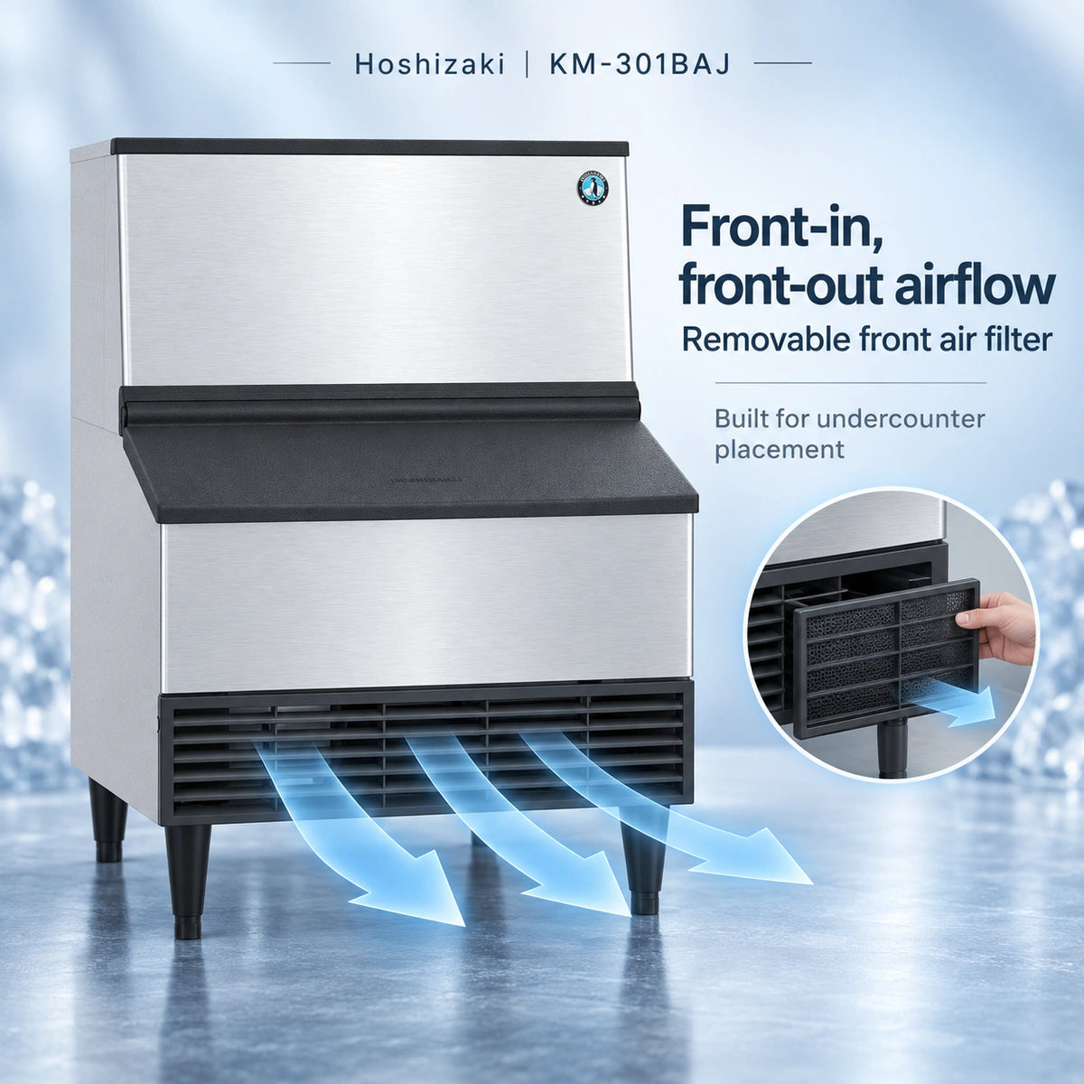 Hoshizaki KM-301BAJ undercounter ice machine in stainless steel and black, shown with text highlighting front-in, front-out airflow and a circular inset showing a hand removing the front air filter.
