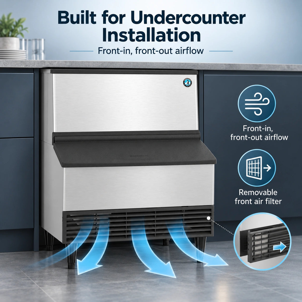 Undercounter ice machine in a kitchen setting with text and icons explaining front-in, front-out airflow and removable front air filter.