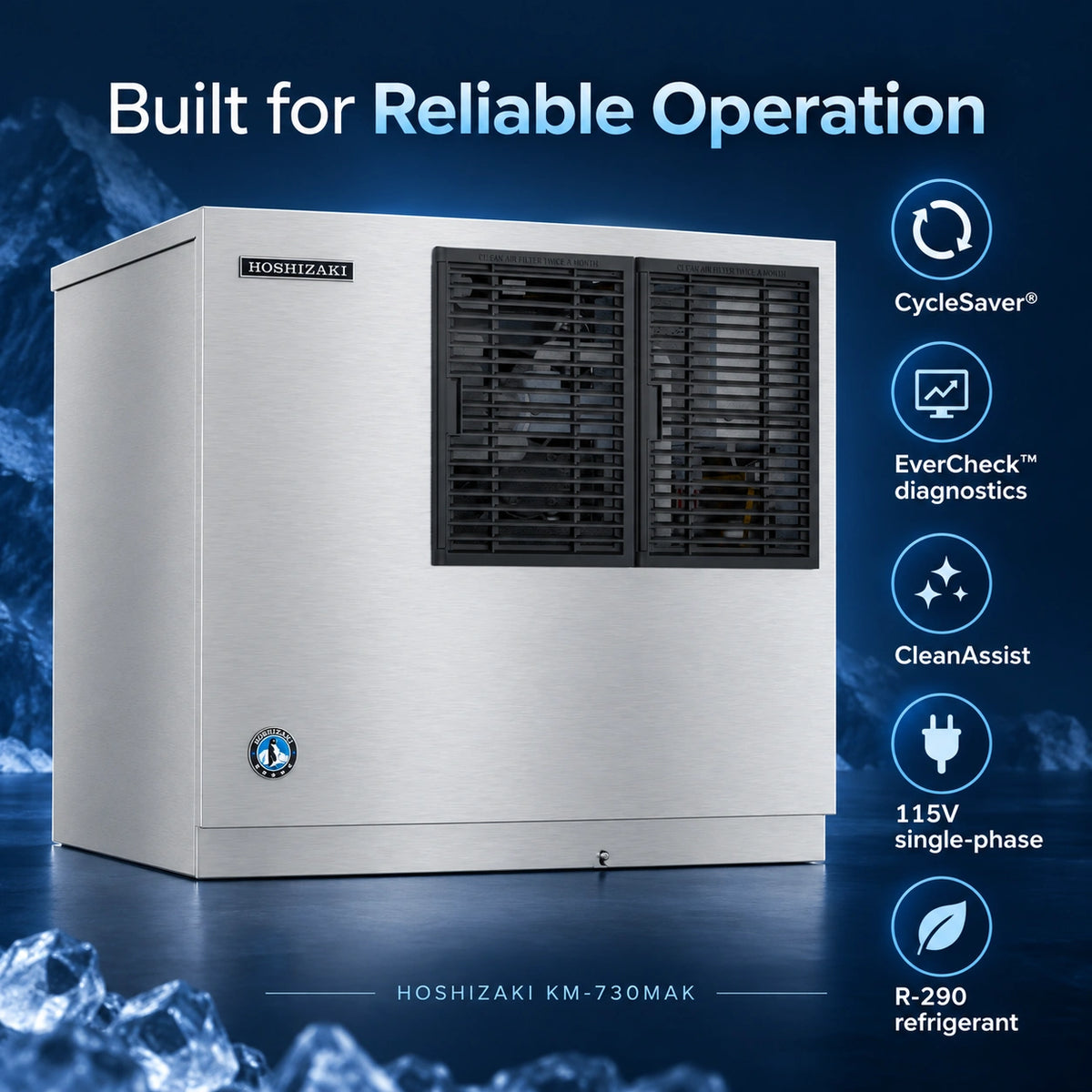 Hoshizaki KM-730MAK commercial ice machine in brushed stainless steel with black vent grilles, shown on a dark blue icy background with feature callouts including CycleSaver, EverCheck diagnostics, CleanAssist, 115V single-phase, and R-290 refrigerant.