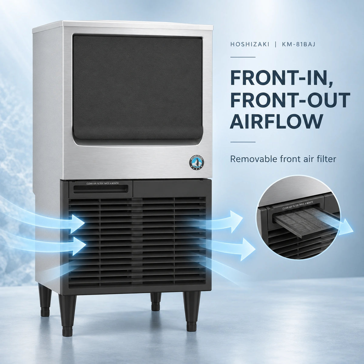 A commercial ice machine with a brushed silver upper body and black lower grille, shown with text reading 'FRONT-IN, FRONT-OUT AIRFLOW' and a circular inset showing the front filter. The background is a light blue studio-style graphic with airflow arrows.