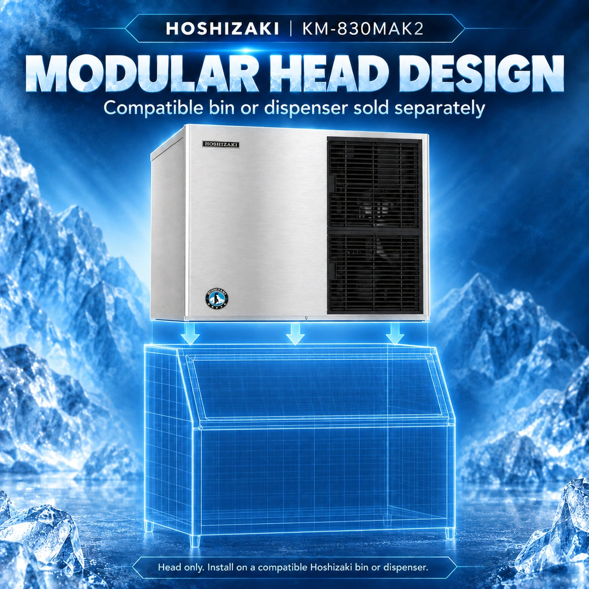 A Hoshizaki modular head design ice machine unit shown against a blue icy mountain background, with text reading 'MODULAR HEAD DESIGN' and 'Compatible bin or dispenser sold separately.' A blue wireframe bin dispenser is illustrated below to show compatibility.