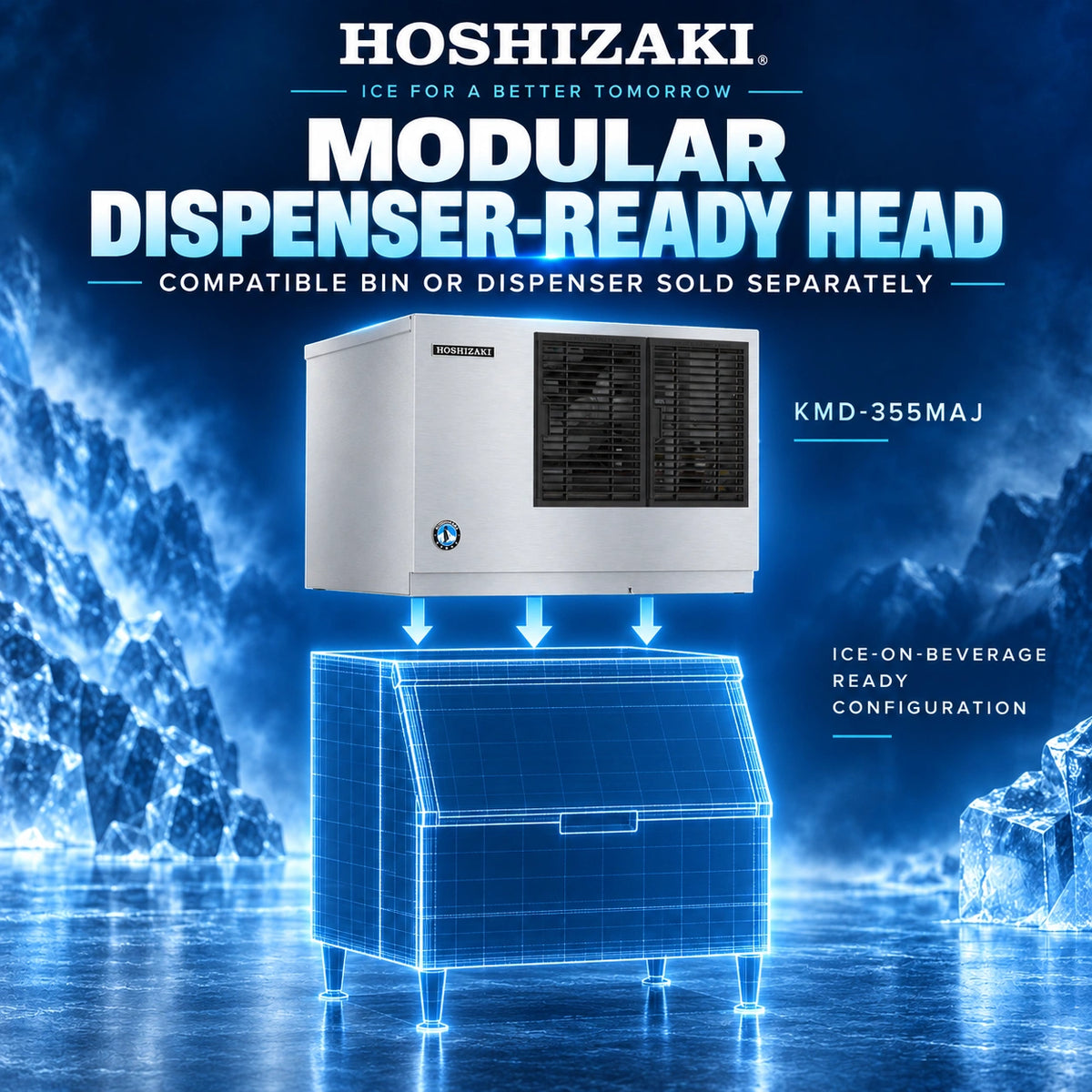 Hoshizaki KMD-355MAJ 30-Inch Air-Cooled Crescent Cube Ice Machine Head - 395 lb/Day, Dispenser-Ready