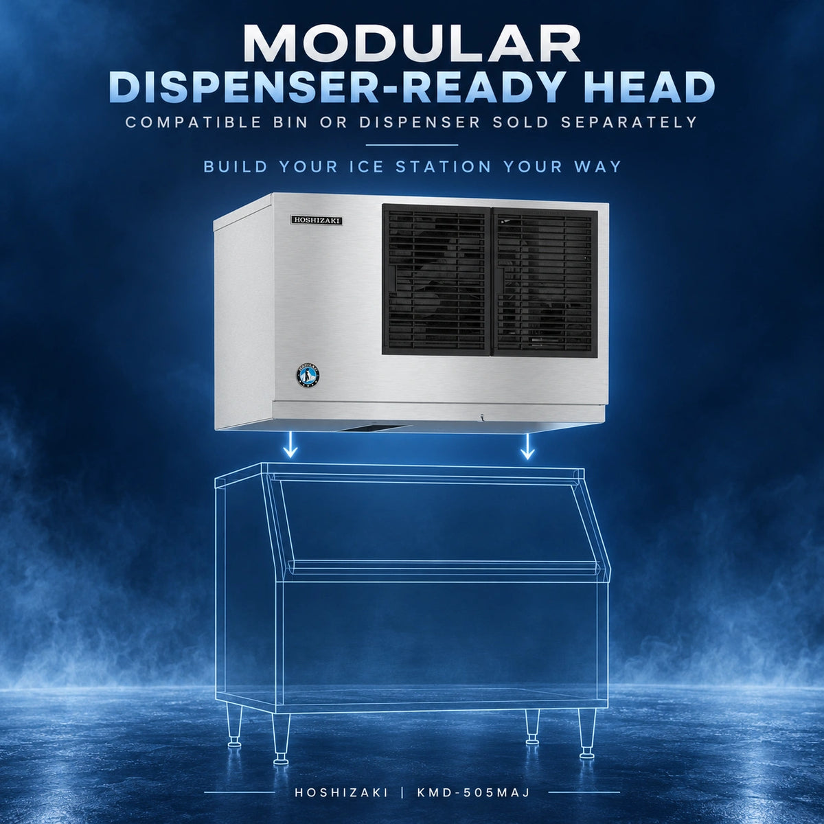 A stainless steel modular dispenser-ready head ice machine shown against a dark blue misty background, with text reading 'MODULAR DISPENSER-READY HEAD' and a wireframe illustration below indicating compatibility with a dispenser sold separately.
