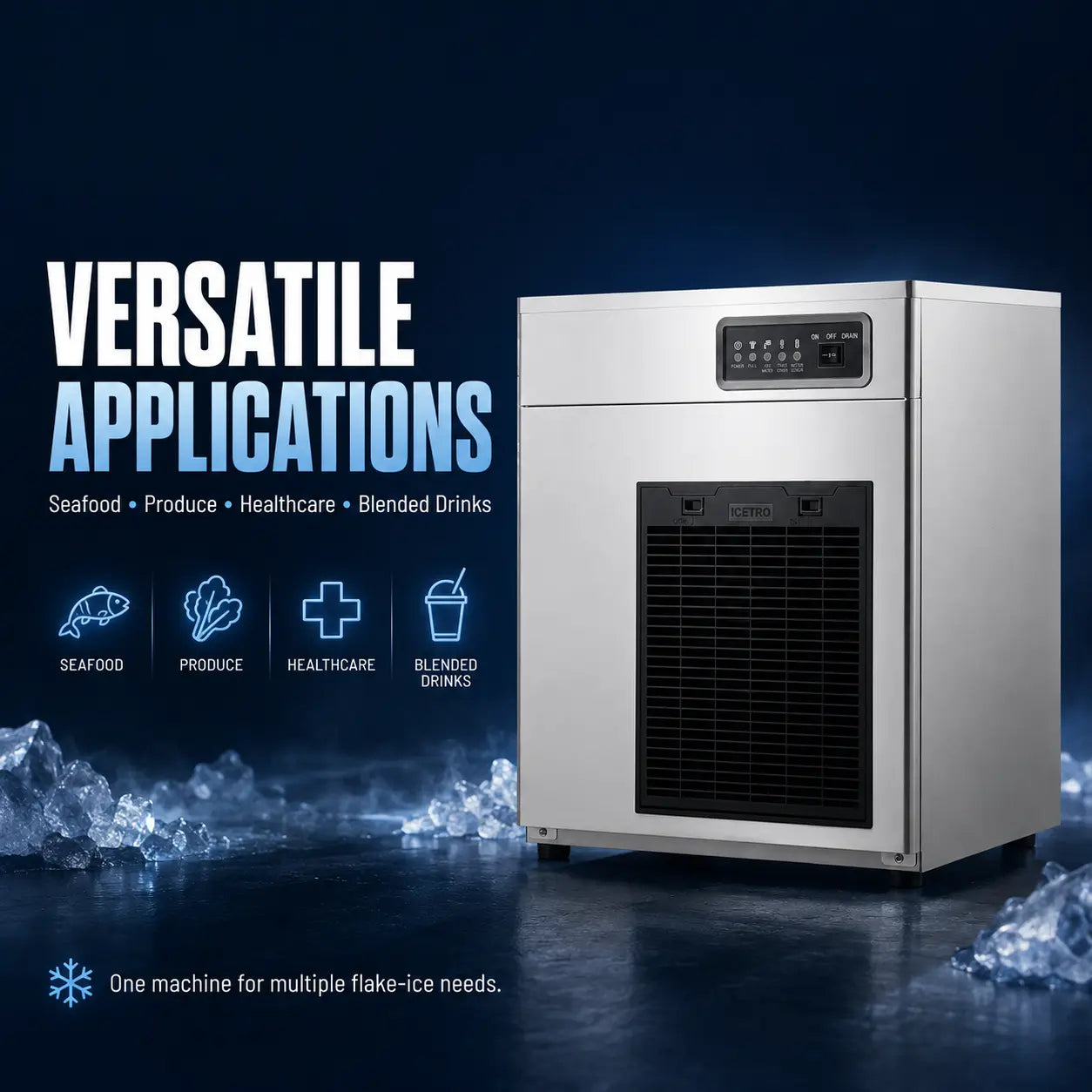 A stainless steel commercial ice machine with a black front vent and digital control panel, shown on a dark blue promotional background with text reading 'VERSATILE APPLICATIONS' and icons for seafood, produce, healthcare, and blended drinks.