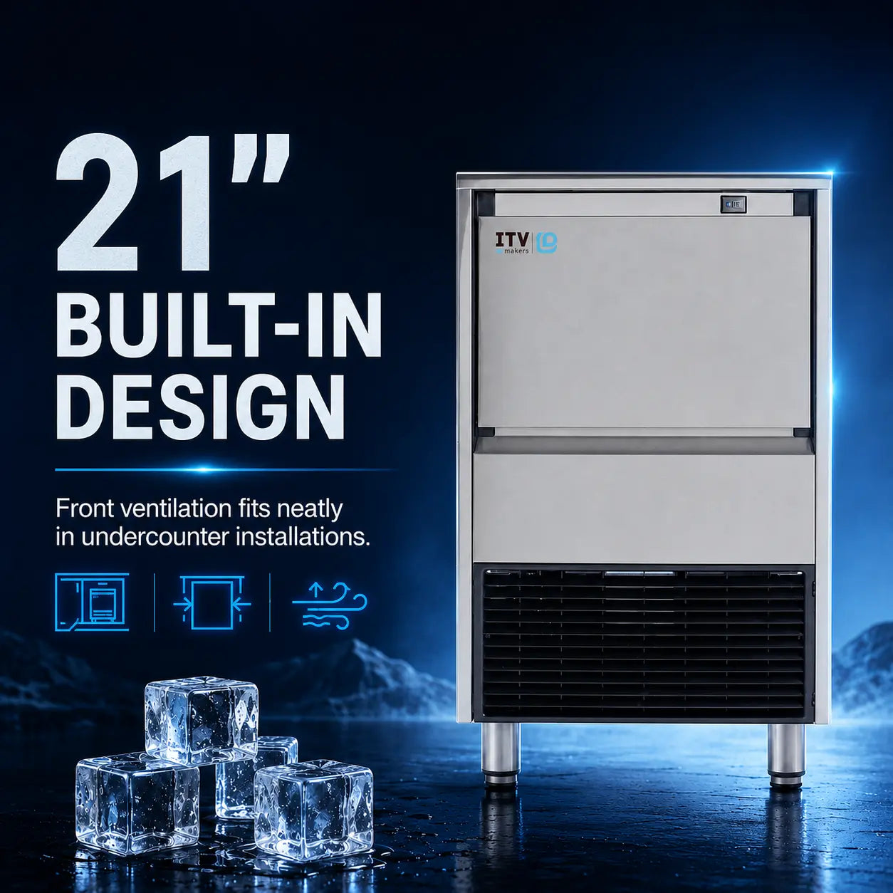 A 21-inch built-in ice machine shown on a dark blue promotional background with large text reading '21" BUILT-IN DESIGN.' The machine is stainless steel with a black front vent and small visible ITV logo.