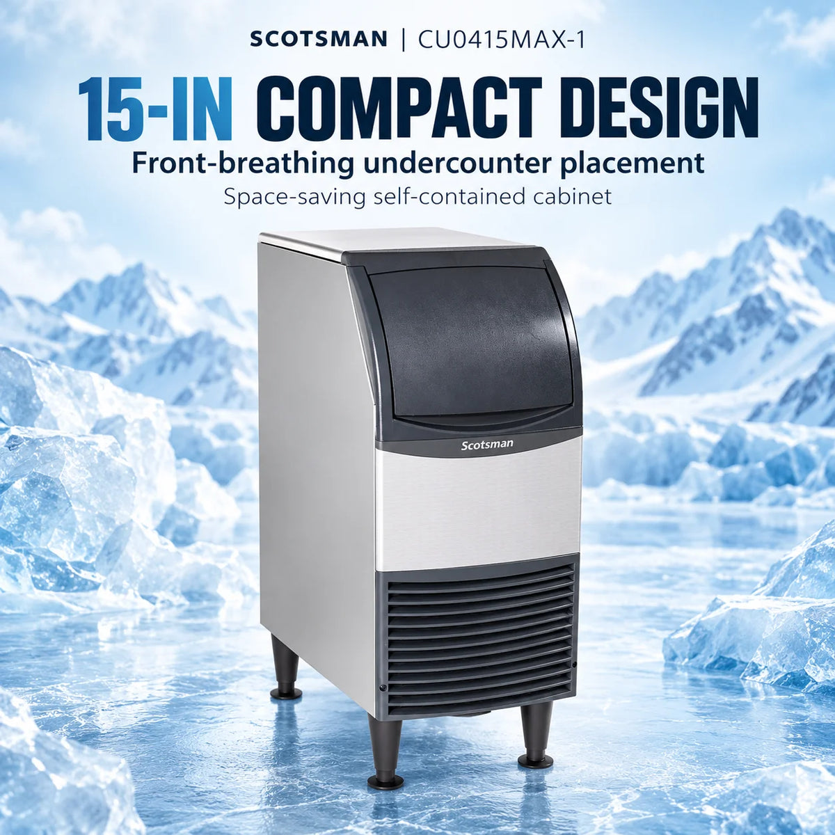 Scotsman CU0415MAX-1 Undercounter Ice Machine - 60 lb/Day Medium Cube with 36 lb Bin, 15 Inch Air-Cooled
