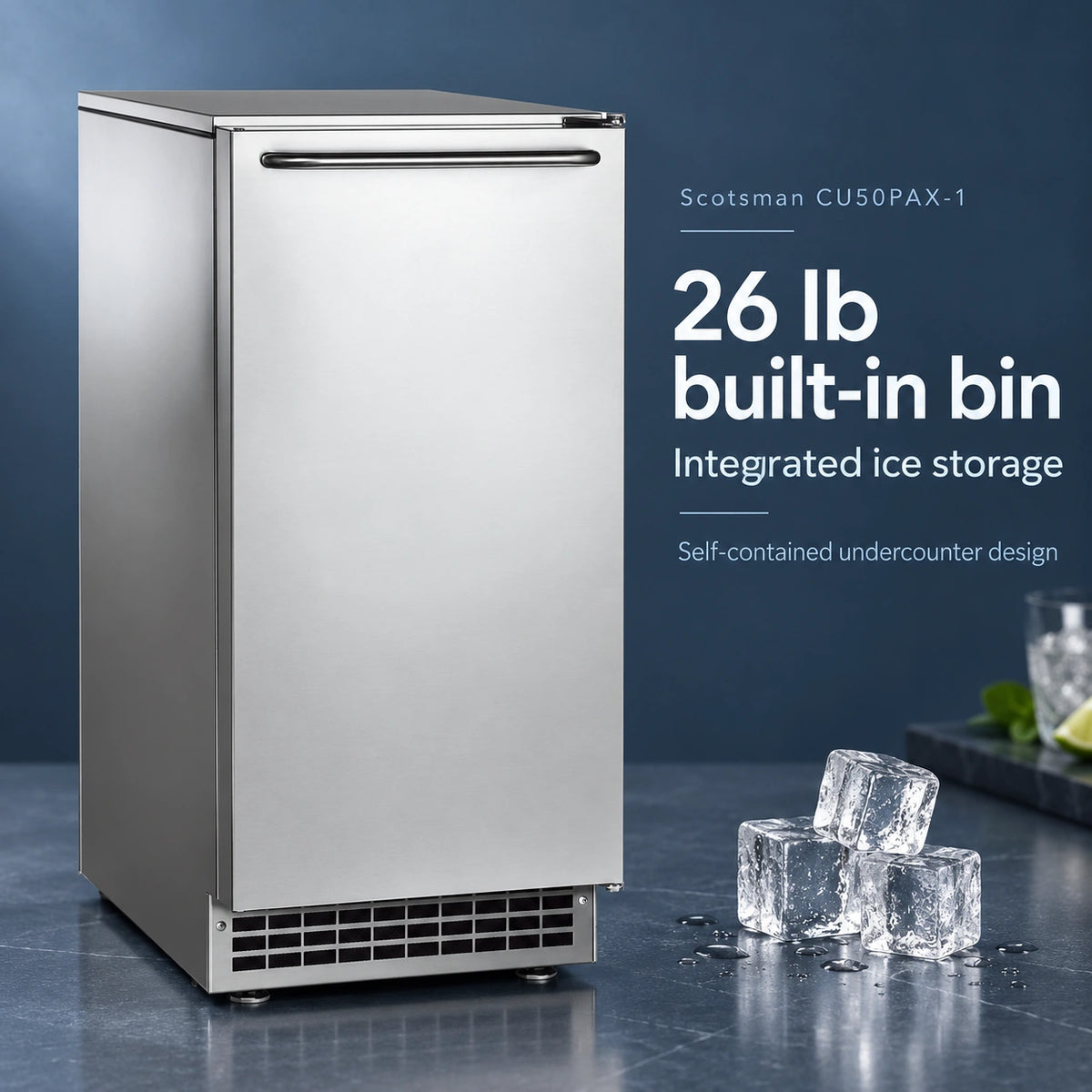 Scotsman CU50PAX-1 Undercounter Ice Machine - 65 lb/Day Gourmet Cube with 26 lb Bin, 15 Inch Air-Cooled