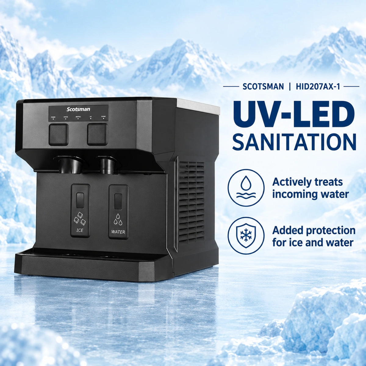 A black Scotman HID207AX-1 UV-LED sanitation dispenser shown on a icy mountain backdrop with promotional text and feature icons.