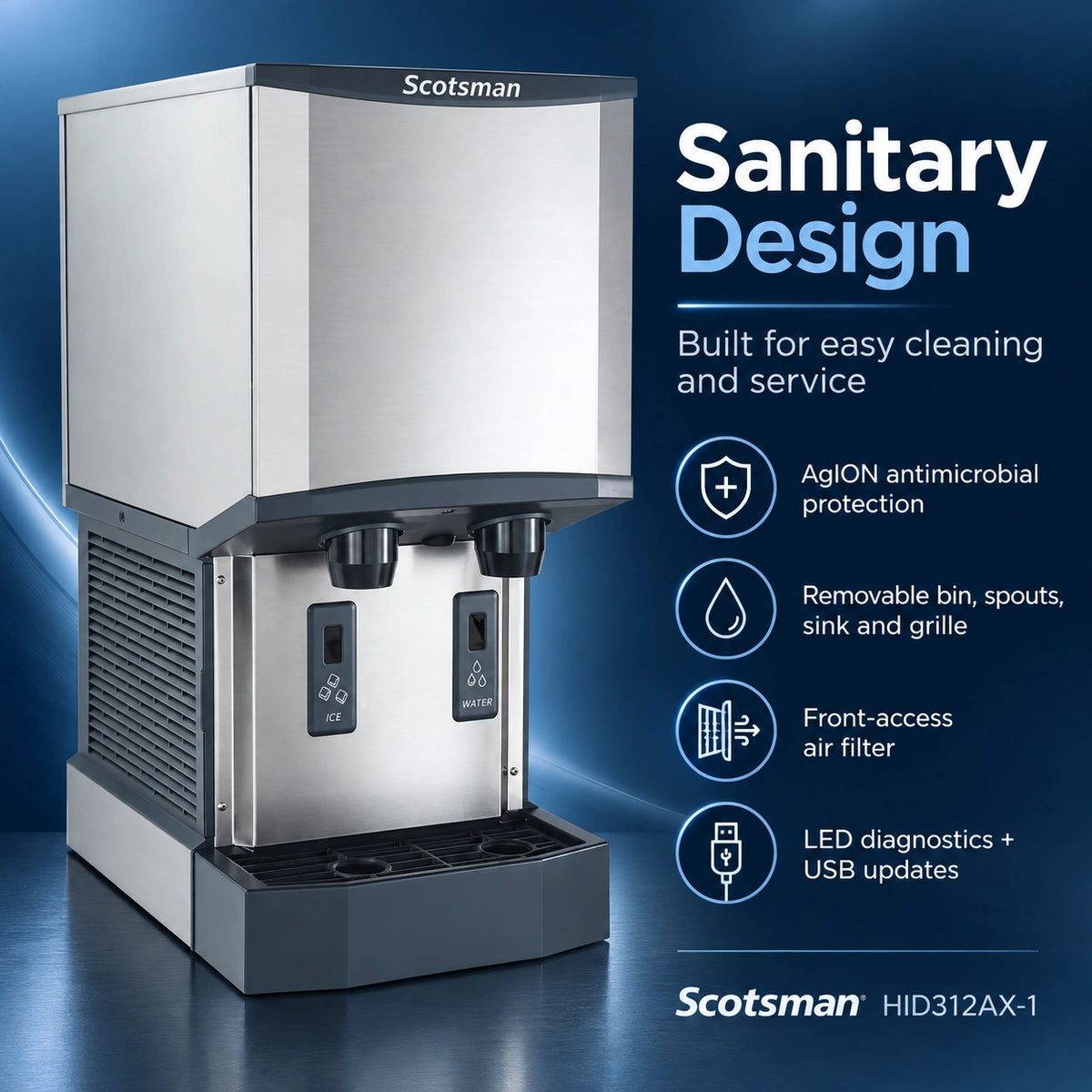 Scotsman stainless steel and dark gray commercial ice machine with two dispensers, shown on a blue promotional background with text highlighting sanitary design and cleaning features.