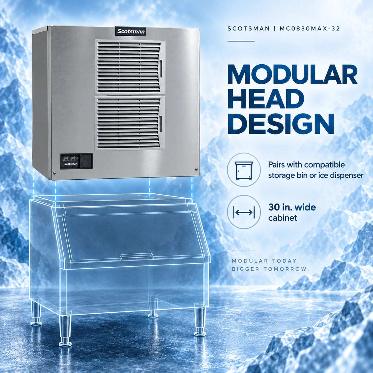 A commercial ice machine cabinet in brushed stainless steel shown above a transparent modular storage bin, with icy mountain graphics and text reading 'MODULAR HEAD DESIGN' and 'SCOTSMAN | MC0830MAX-32'.