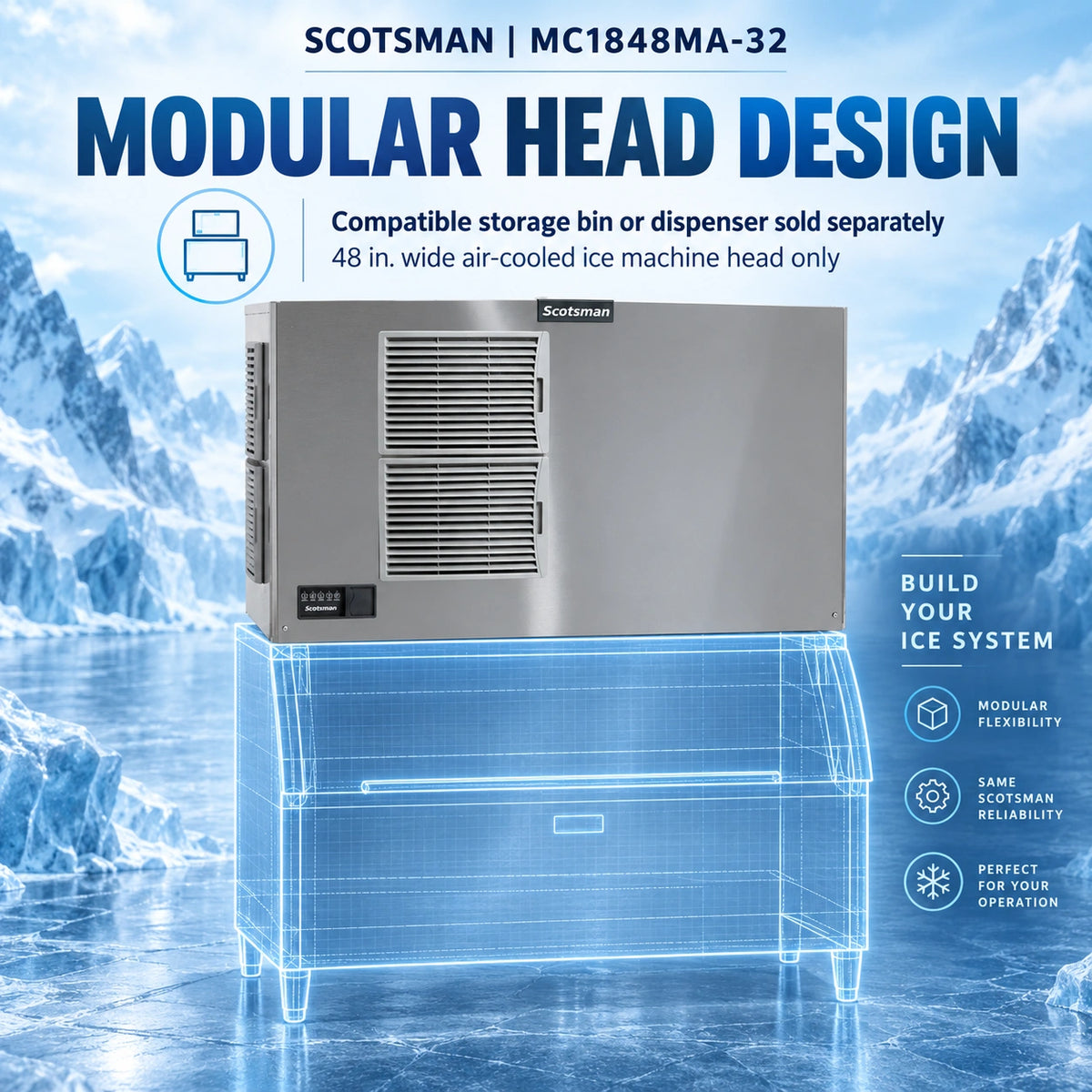 A promotional product graphic for a Scotsmen modular head design ice machine, model MC1848MA-32, shown against an icy mountain background with blue text and wireframe graphics indicating compatibility with a storage bin and dispenser.
