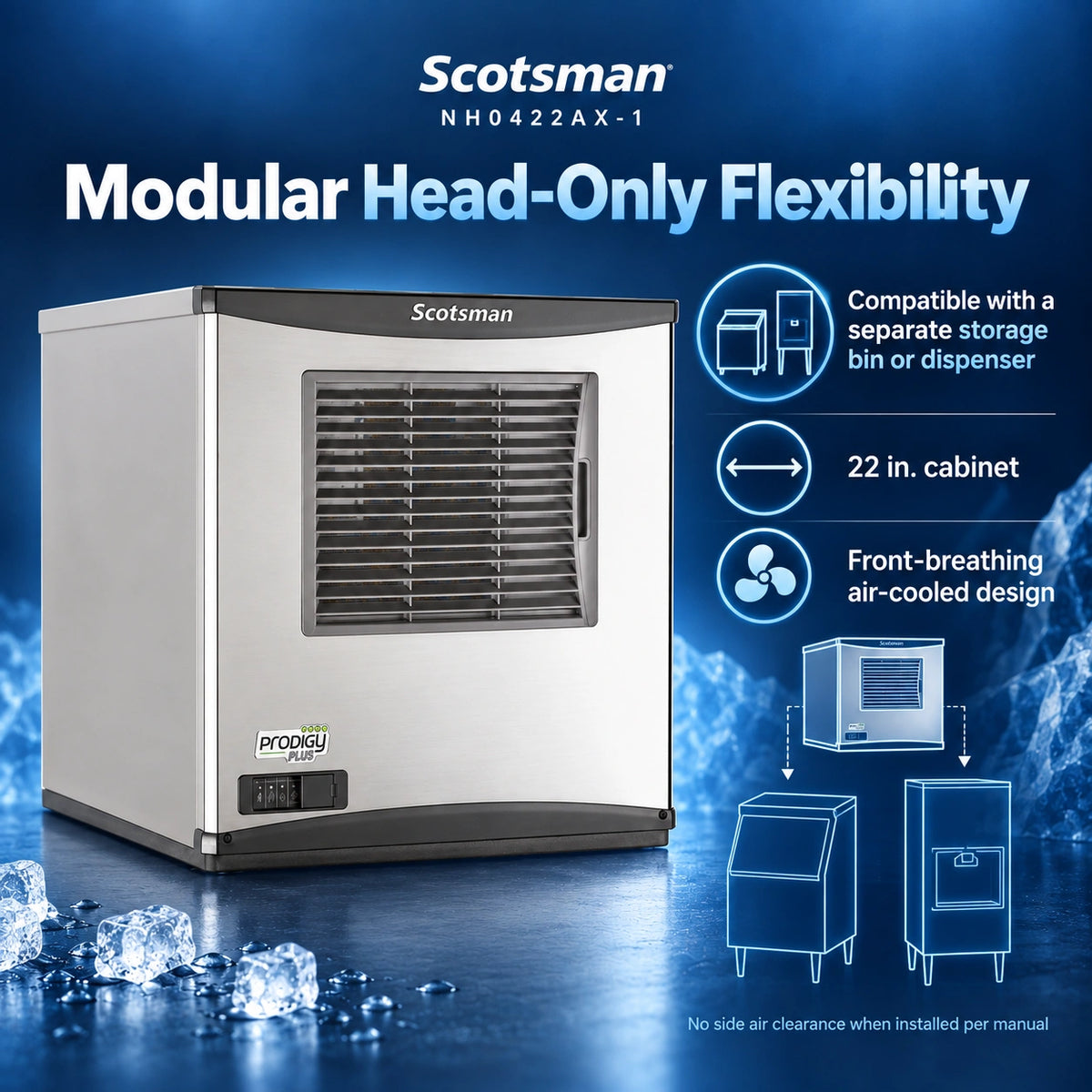 Scotsman Prodigy Plus NH0422AX-1 Commercial Nugget Ice Machine Head - 375 lb/Day H² Nugget Ice, 22 Inch Air-Cooled 115V