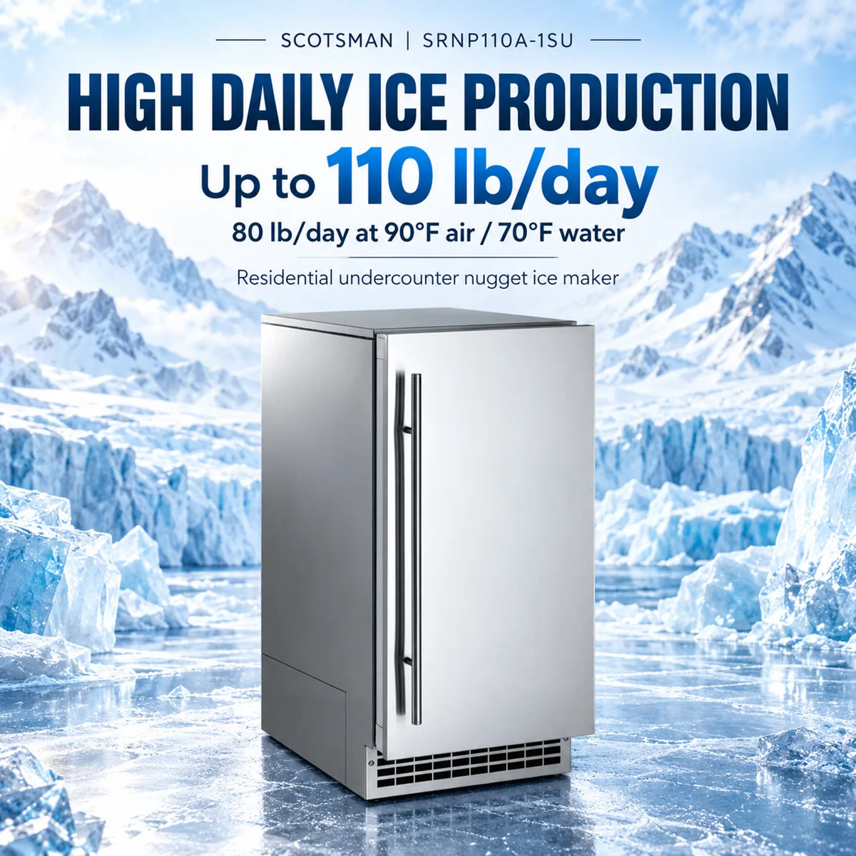 Scotsman SRNP110A-1SU Brilliance 15-Inch Undercounter Nugget Ice Maker - 110 lb/Day with 26 lb Bin, Panel-Ready, Pump Drain