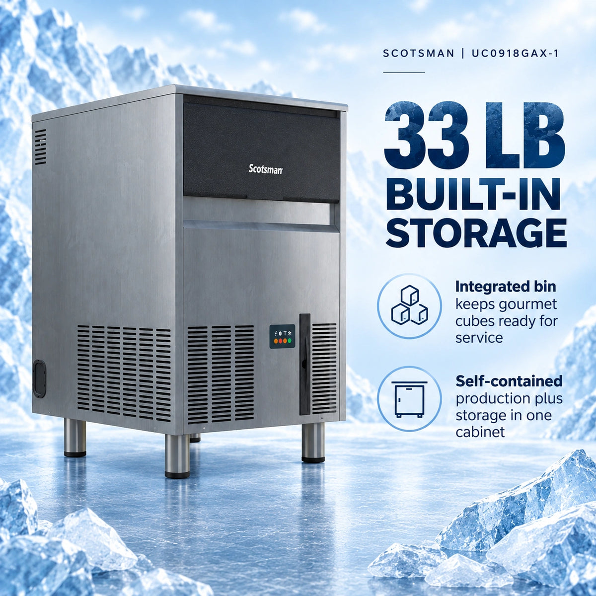 Scotsman UC0918GAX-1 Undercounter Ice Machine - 95 lb/Day Gourmet Cube with 33 lb Bin, 18.31 Inch Air-Cooled
