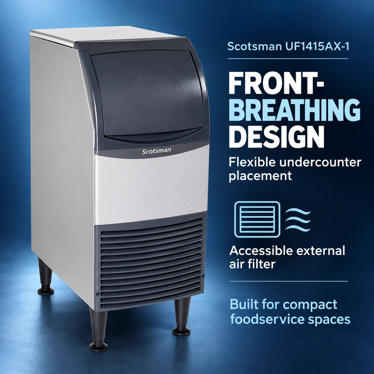A front-facing commercial ice machine on a blue studio background with promotional text. The machine is silver and dark gray with visible legs and a vented lower section.