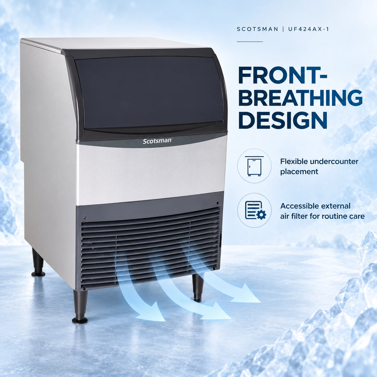 A front-facing studio-style product shot of a Scotsman commercial ice machine on a light icy blue background, with large text reading 'FRONT-BREATHING DESIGN' and feature callouts on the right.