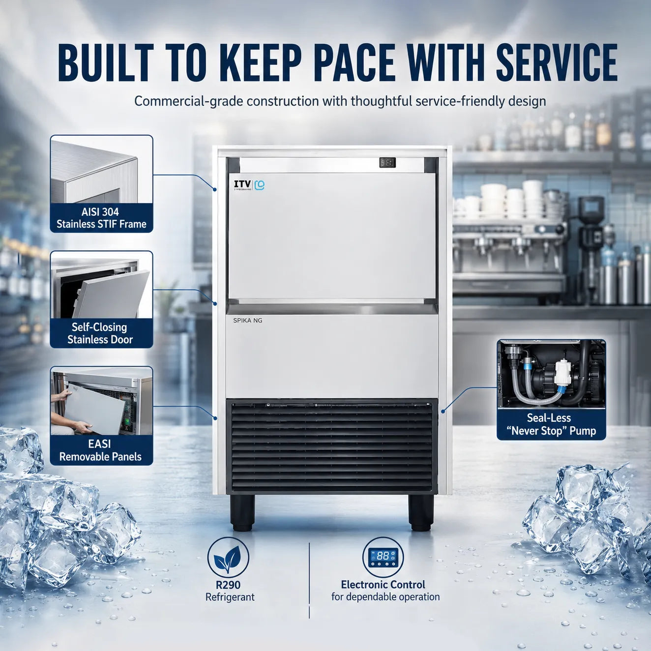 Commercial freezer with features highlighted in a kitchen setting