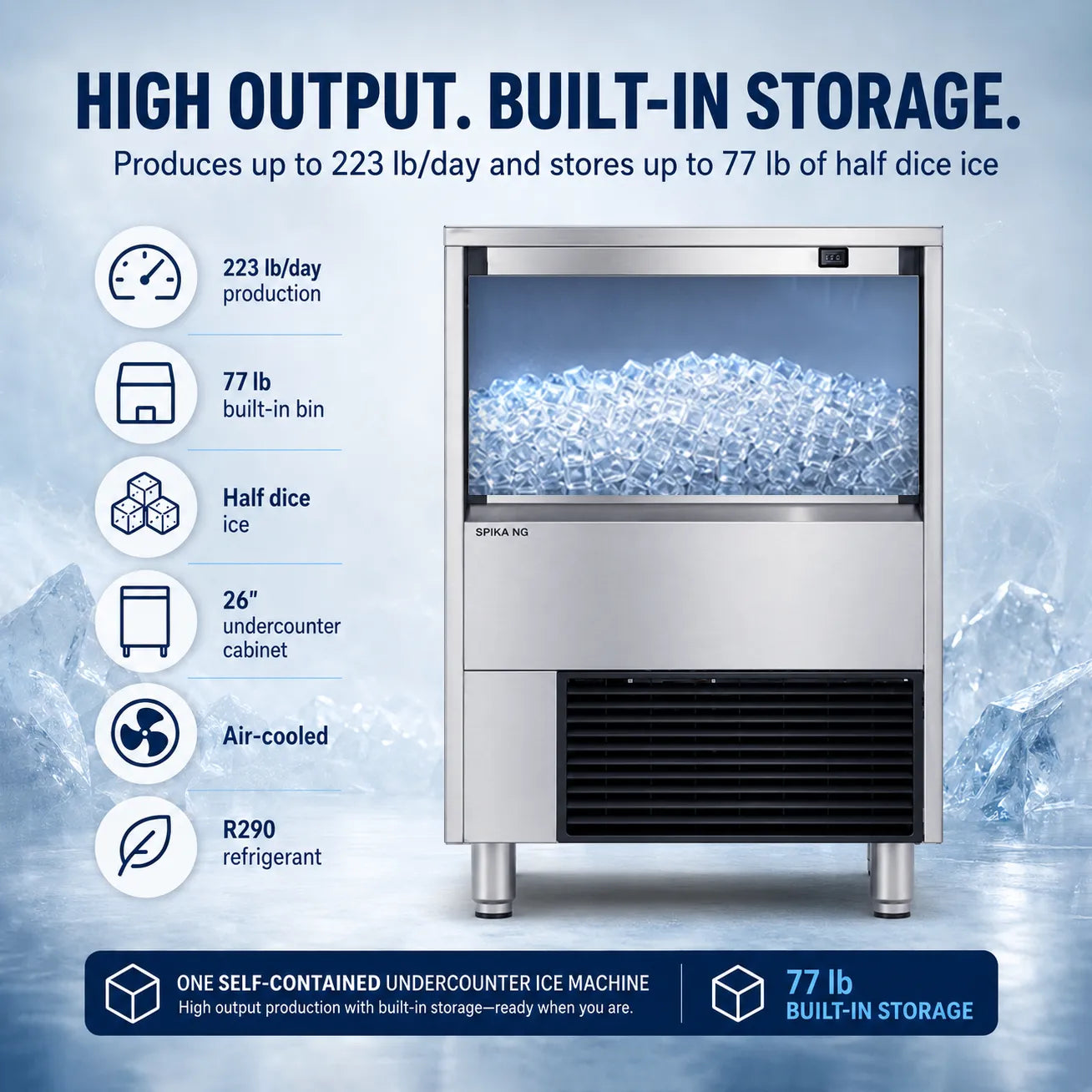 Ice machine with features highlighted on a blue background