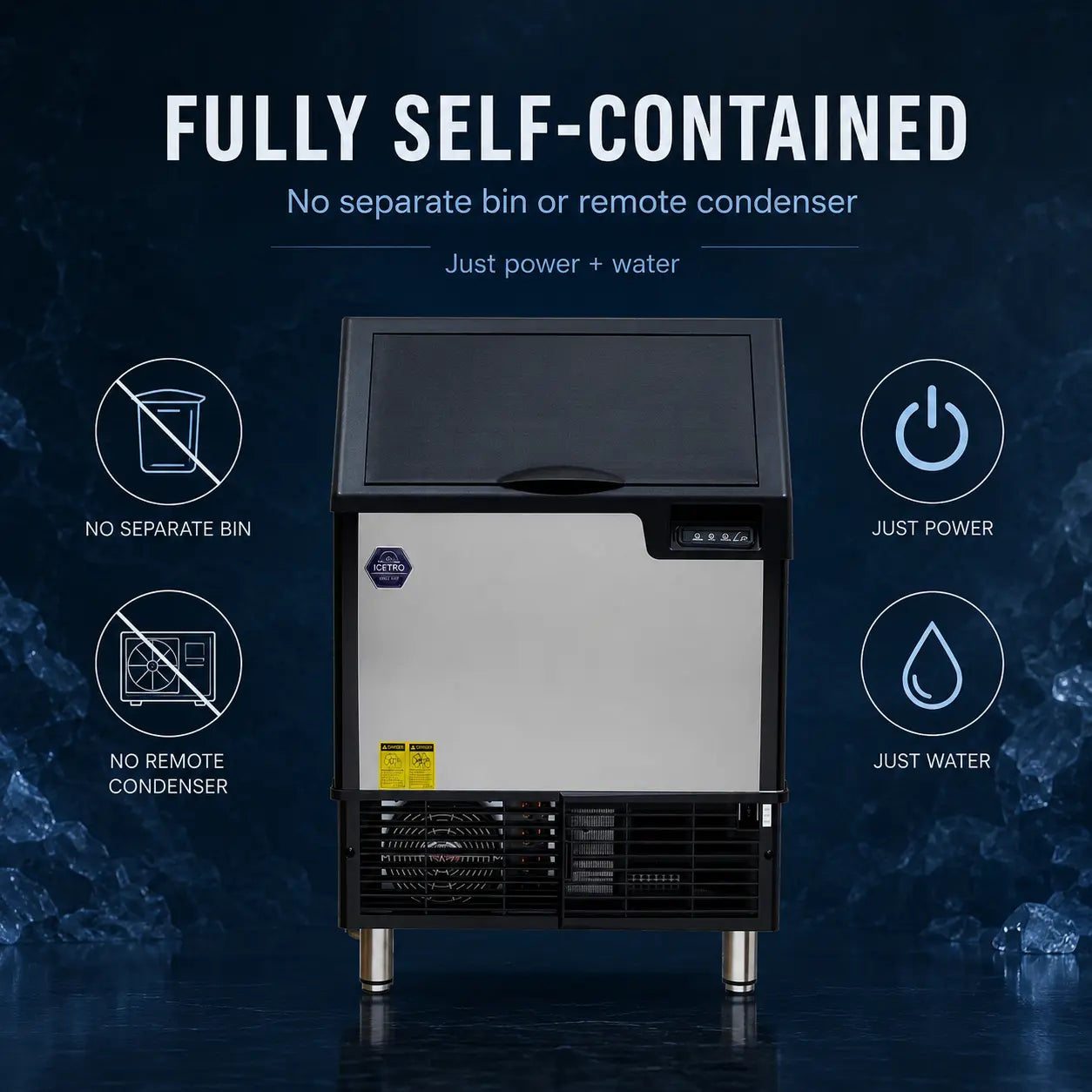 A countertop fully self-contained ice machine shown on a dark blue promotional background with text and icons explaining that it needs no separate bin, remote condenser, or extra water source beyond power and water.
