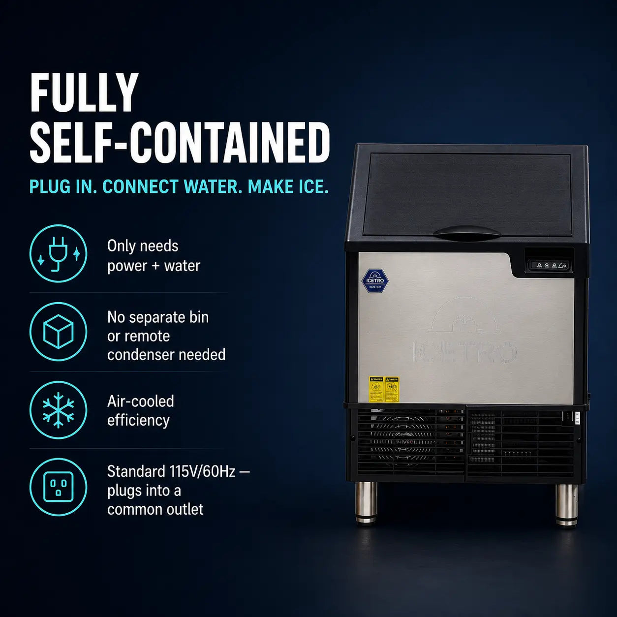 A fully self-contained commercial ice machine on a dark blue background with promotional text highlighting plug-in use, water connection, and air-cooled efficiency.