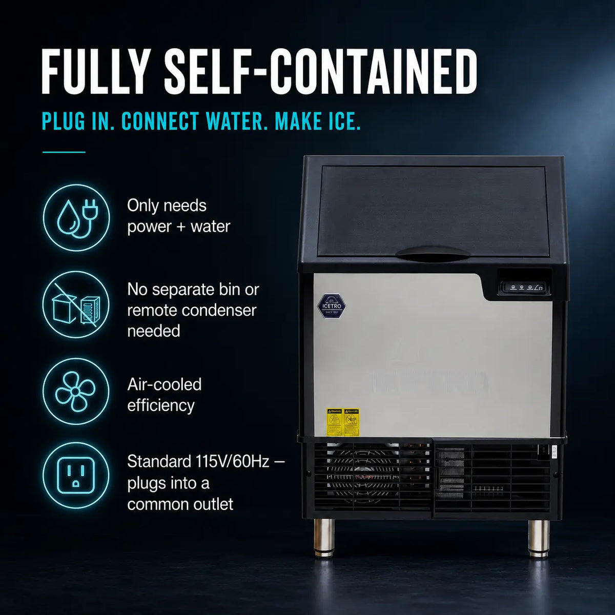 A fully self-contained ice machine shown on a dark blue promotional background with feature callouts. The machine has a black top and feet, a stainless steel front panel, and a black lower grille with visible cooling fans.