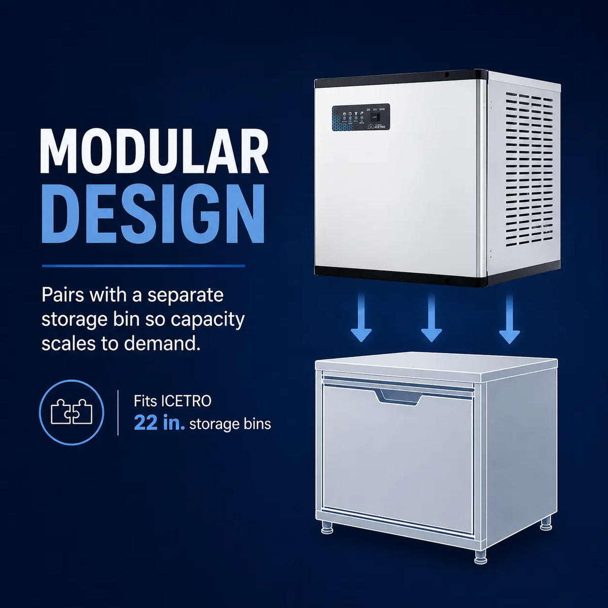 Promotional graphic showing a modular ice maker system with a white upper unit above a white storage bin on a dark blue background, with text reading 'MODULAR DESIGN' and 'Pairs with a separate storage bin so capacity scales to demand.'.